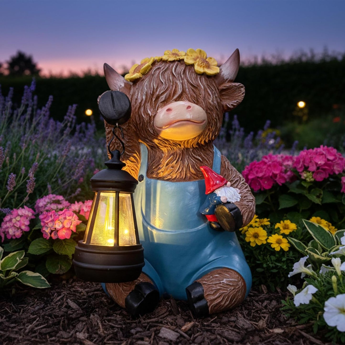 Highland Cow Garden Ornaments Outdoor- Solar Highland Cow Ornaments Statues Wear Blue Pants with Lantern and Gnome, Garden Decor with Sunflowers for Yard, Lawn, Patio, Home, Birthday Gifts for Women