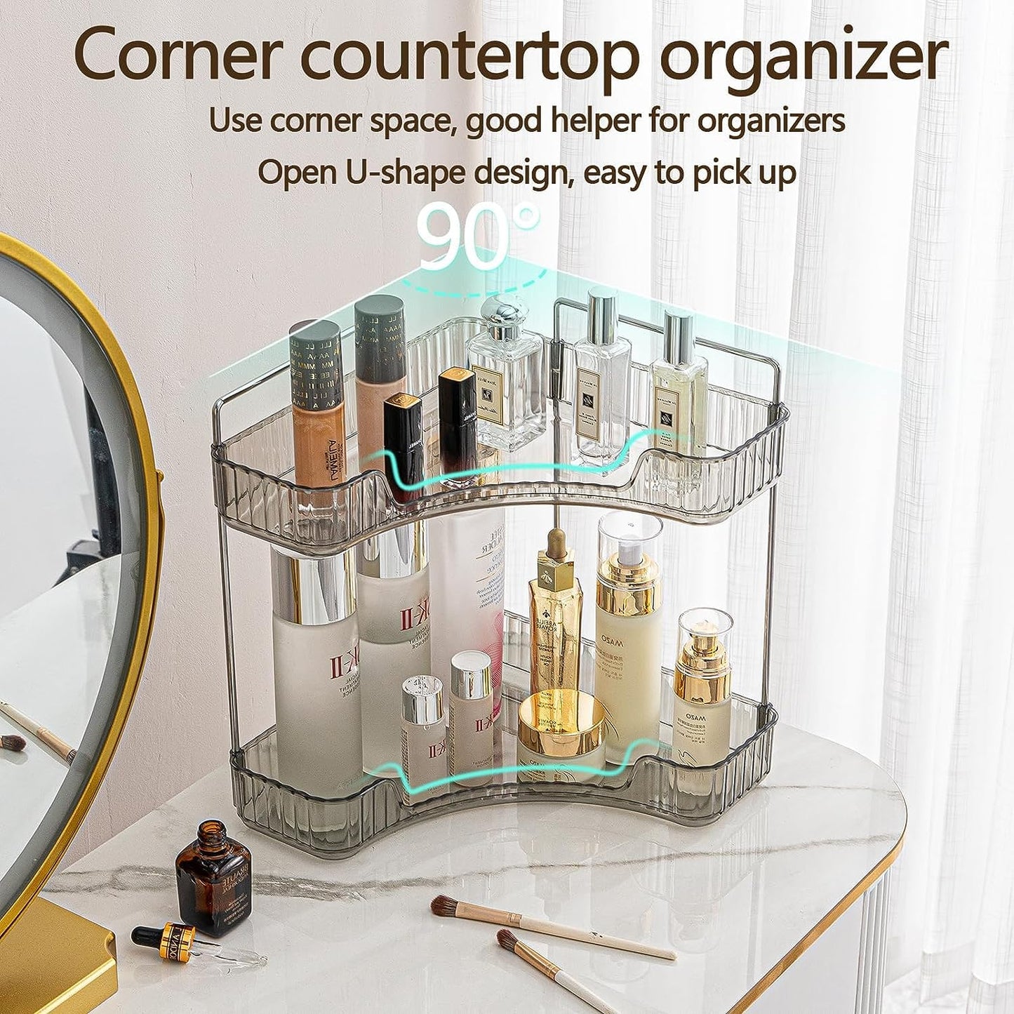 Bingobang Makeup Organiser Corner Trays, 3 Tiers Skincare Cosmetic Organizer Acrylic Large, Storage Tidy for Lipstick, Nail Care, Perfume, Brush, Vanity Dresser, Bedroom, Kitchen, Bathroom(Grey)