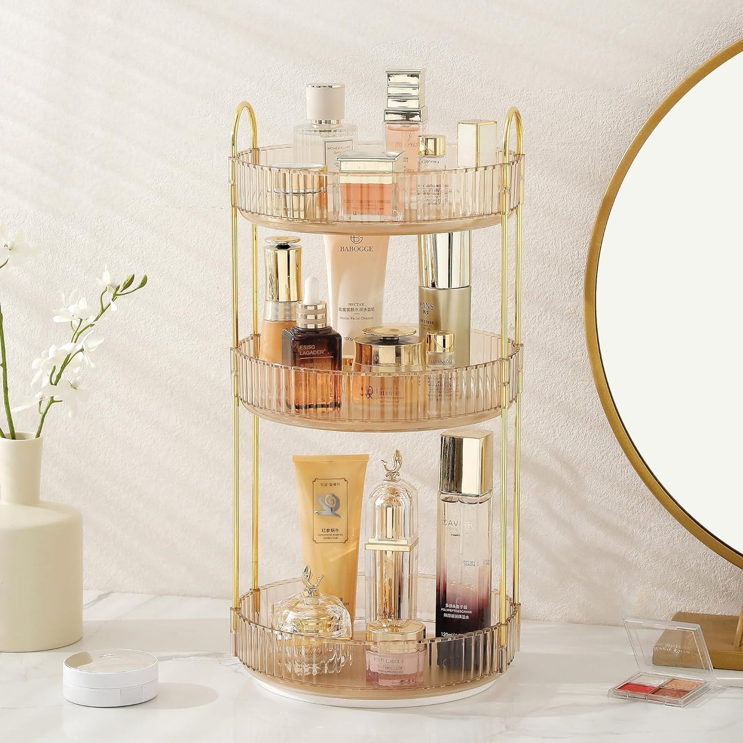 Rotating Makeup Organizer for Vanity, Large Skincare Make Up Storage Perfume Organizers for Bathroom Counter, Clear Cosmetic Lipstick Toiletry Dresser Organizer Spinning Holder