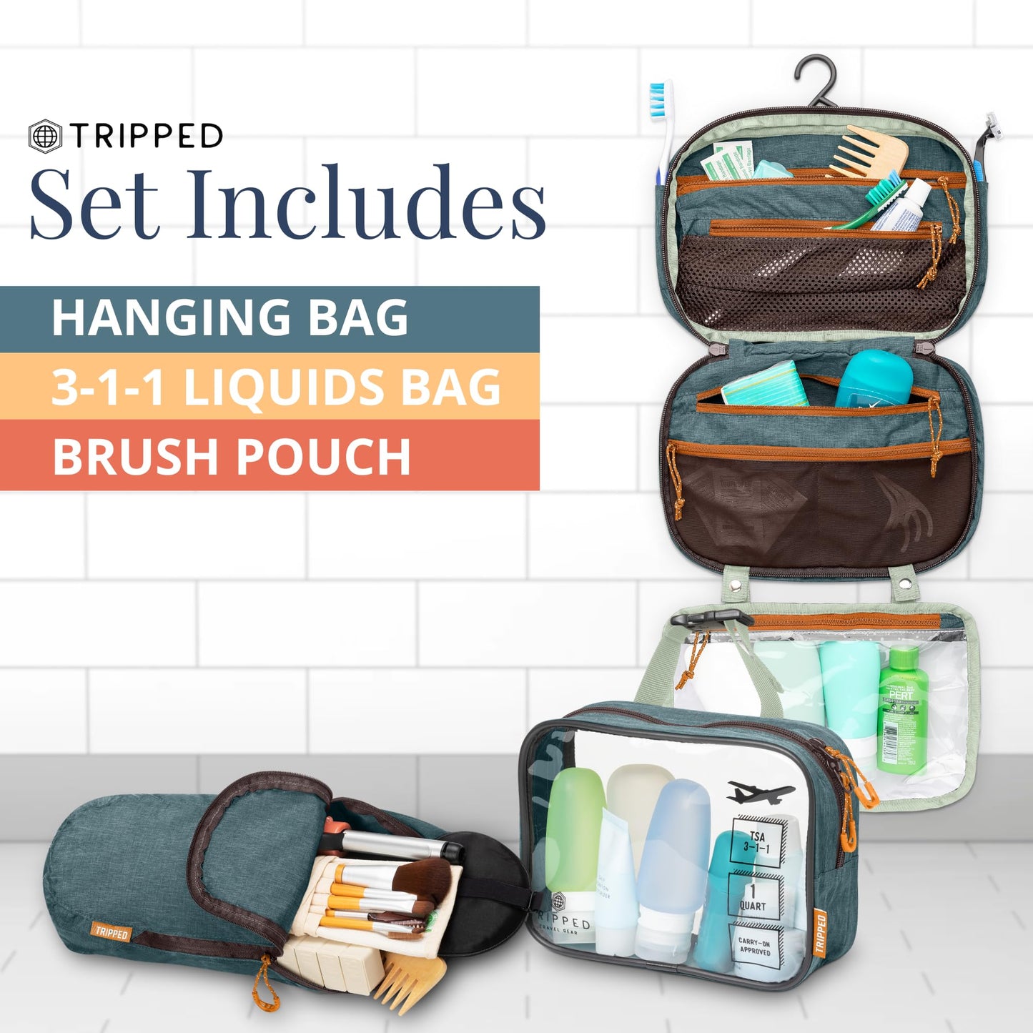 Toiletry Bag Kit Set: Hanging Travel Toiletry Bag + 311 TSA Cosmetic Liquid Bag + Ultralight Accessory Organizer Pouch, Navy, 3 Piece Toiletry Set