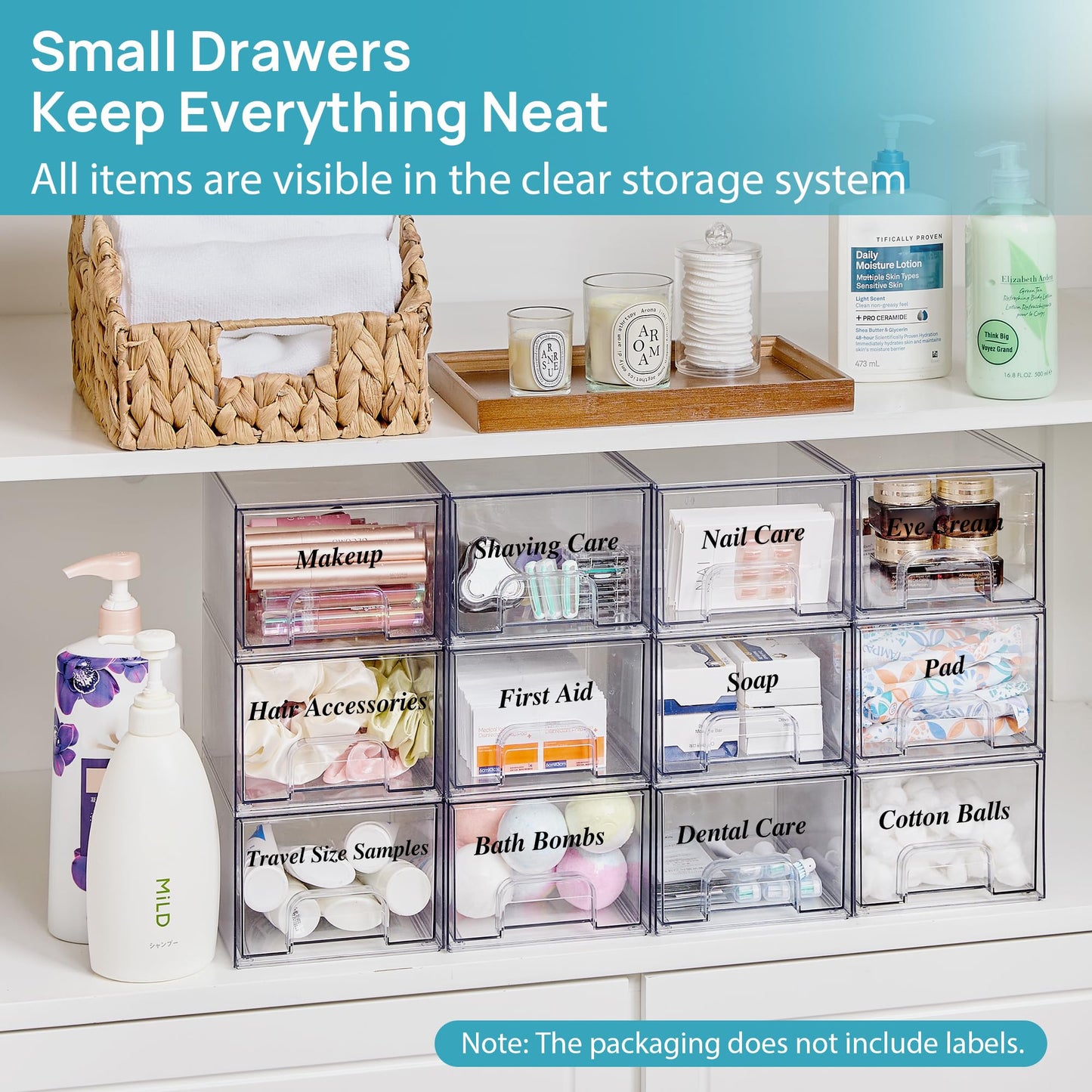 Vtopmart 3 Pack Clear Small Stackable Storage Drawers, Acrylic Bathroom Makeup Organiser, Plastic Storage Box For Vanity, Under Sink, Kitchen Cupboard, Pantry, Home Organization