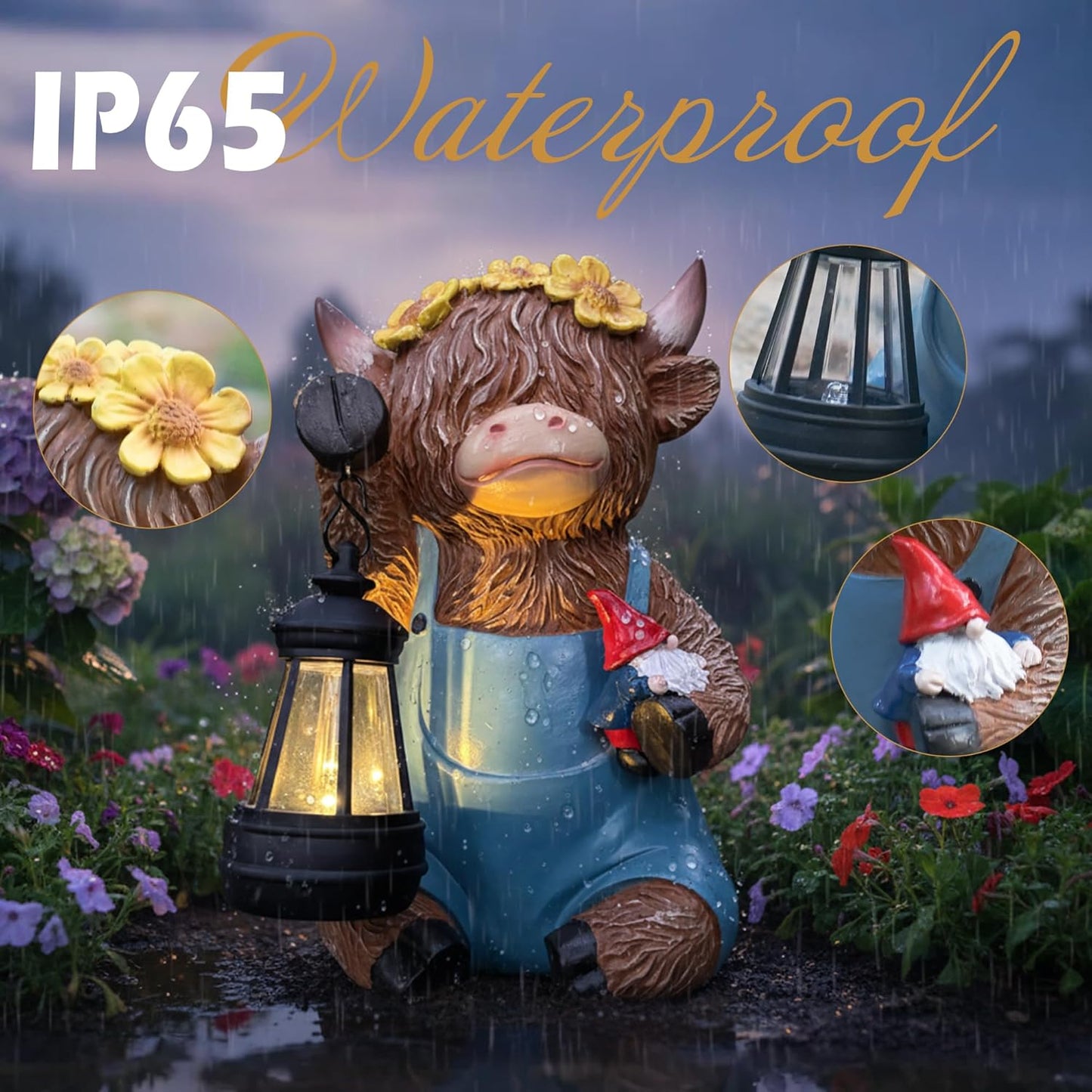 Highland Cow Garden Ornaments Outdoor- Solar Highland Cow Ornaments Statues Wear Blue Pants with Lantern and Gnome, Garden Decor with Sunflowers for Yard, Lawn, Patio, Home, Birthday Gifts for Women