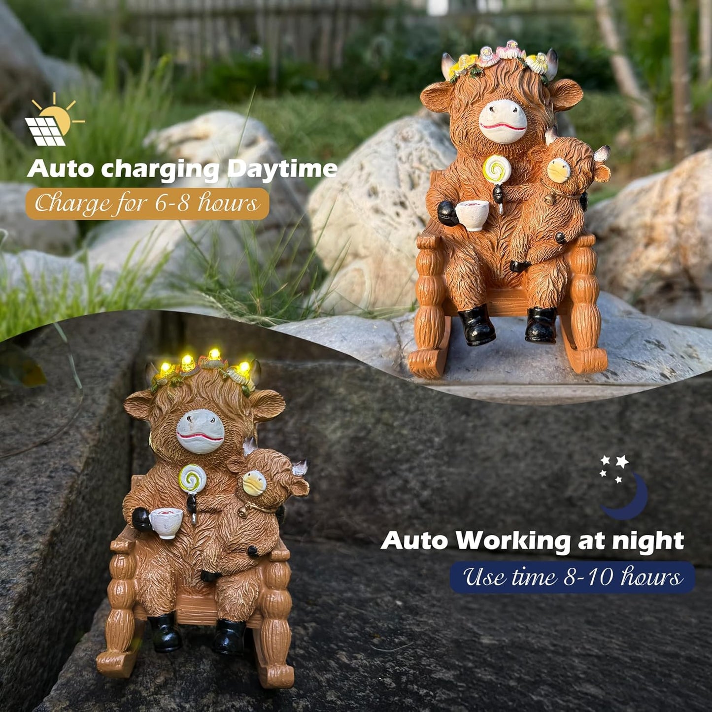Highland Cow Garden Ornaments Outdoor- Solar Highland Cow Ornaments Statues Mother and Child on Rocking Chair, Garden Decor with Luminous Flowers for Yard, Lawn, Patio, Home, Birthday Gifts for Women
