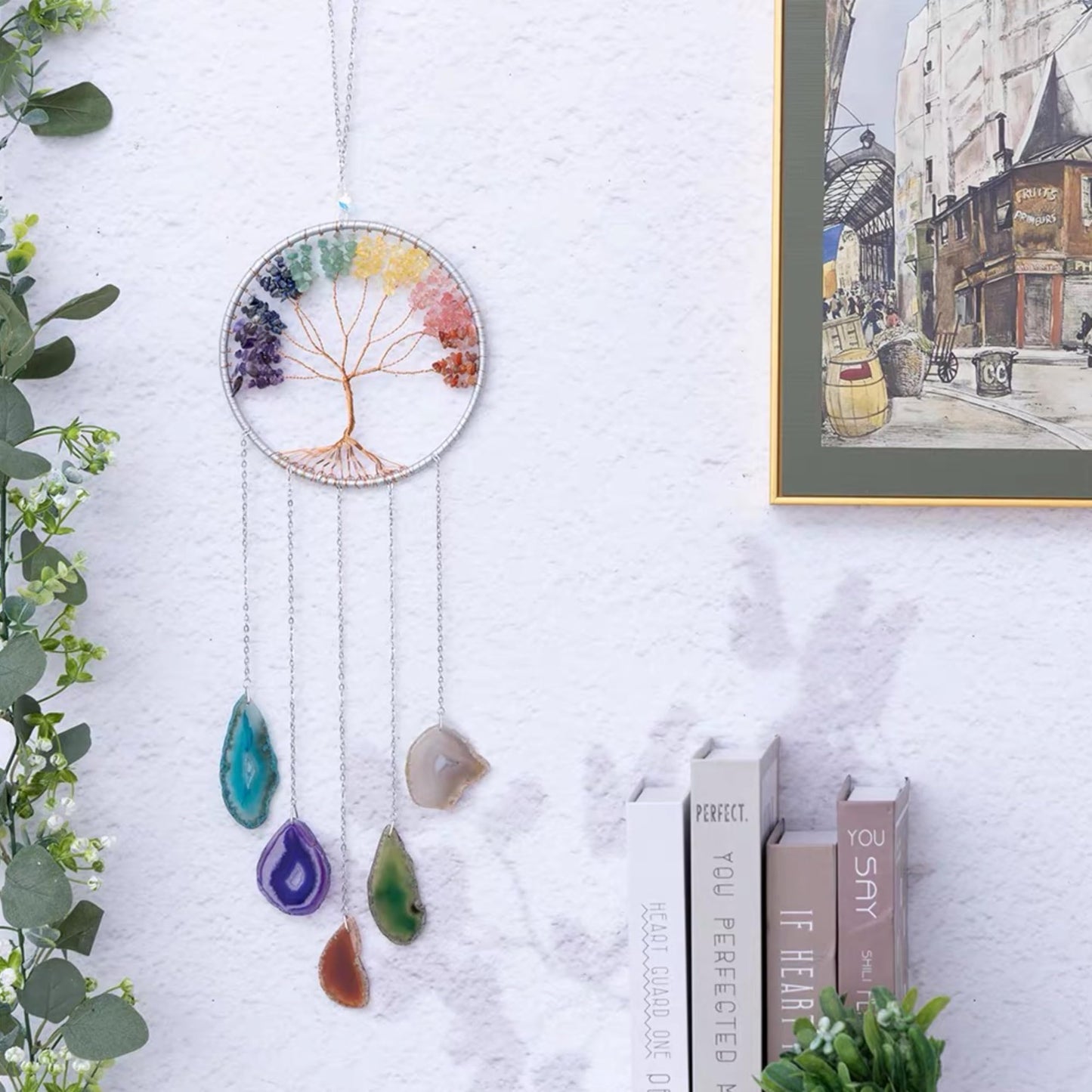 Moon Crystals Tree of Life Dream Catchers,Natural Gem Agate Wall Hangings for Windows Garden Home Décor (New moon shape)