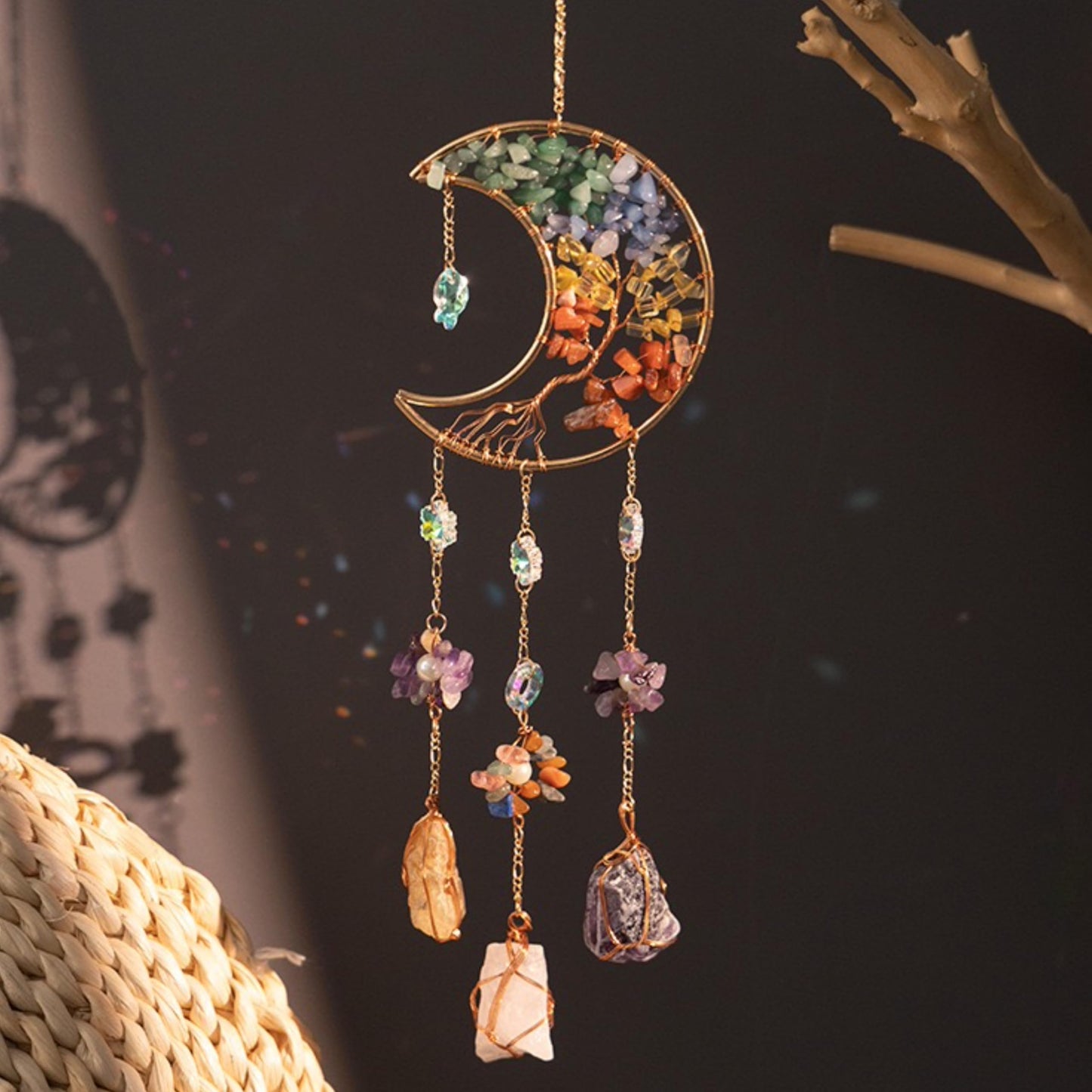 Moon Crystals Tree of Life Dream Catchers,Natural Gem Agate Wall Hangings for Windows Garden Home Décor (New moon shape)