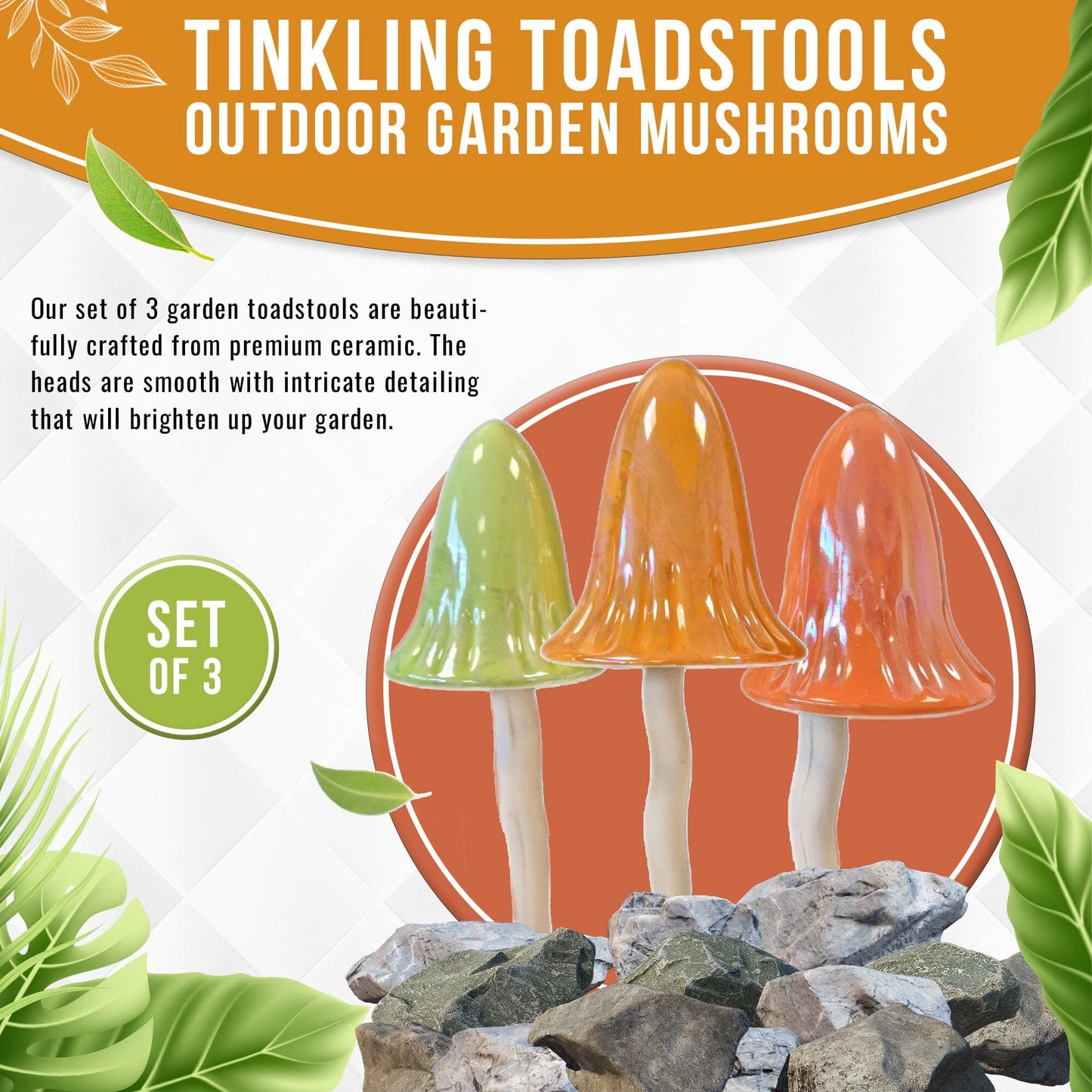 HH Home Hut Tinkling Ceramic Toadstools - Colourful Garden Ornaments, Mushrooms Plant Pot Set of 3 Outdoor Decor, Kids Gardening Set Fairy Garden Large Accessory (Yellow, Red, Orange)