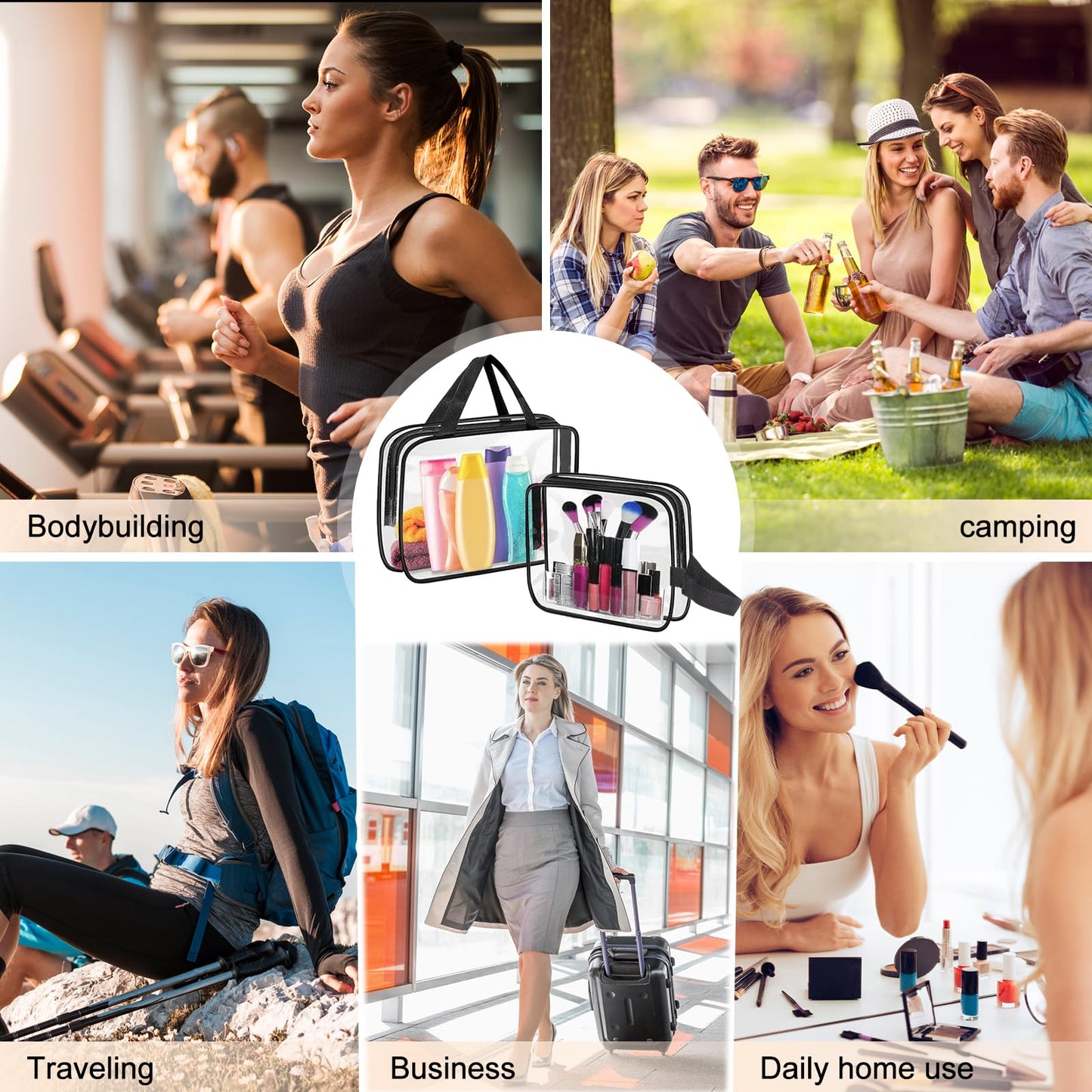 2 Pack Clear Wash Bag for Toiletries, Large/Small Clear Travel Toiletries Bag Thickened PVC Waterproof Makeup Bags with Handles Travel Wash Bags with Zippers for Women Girls Men