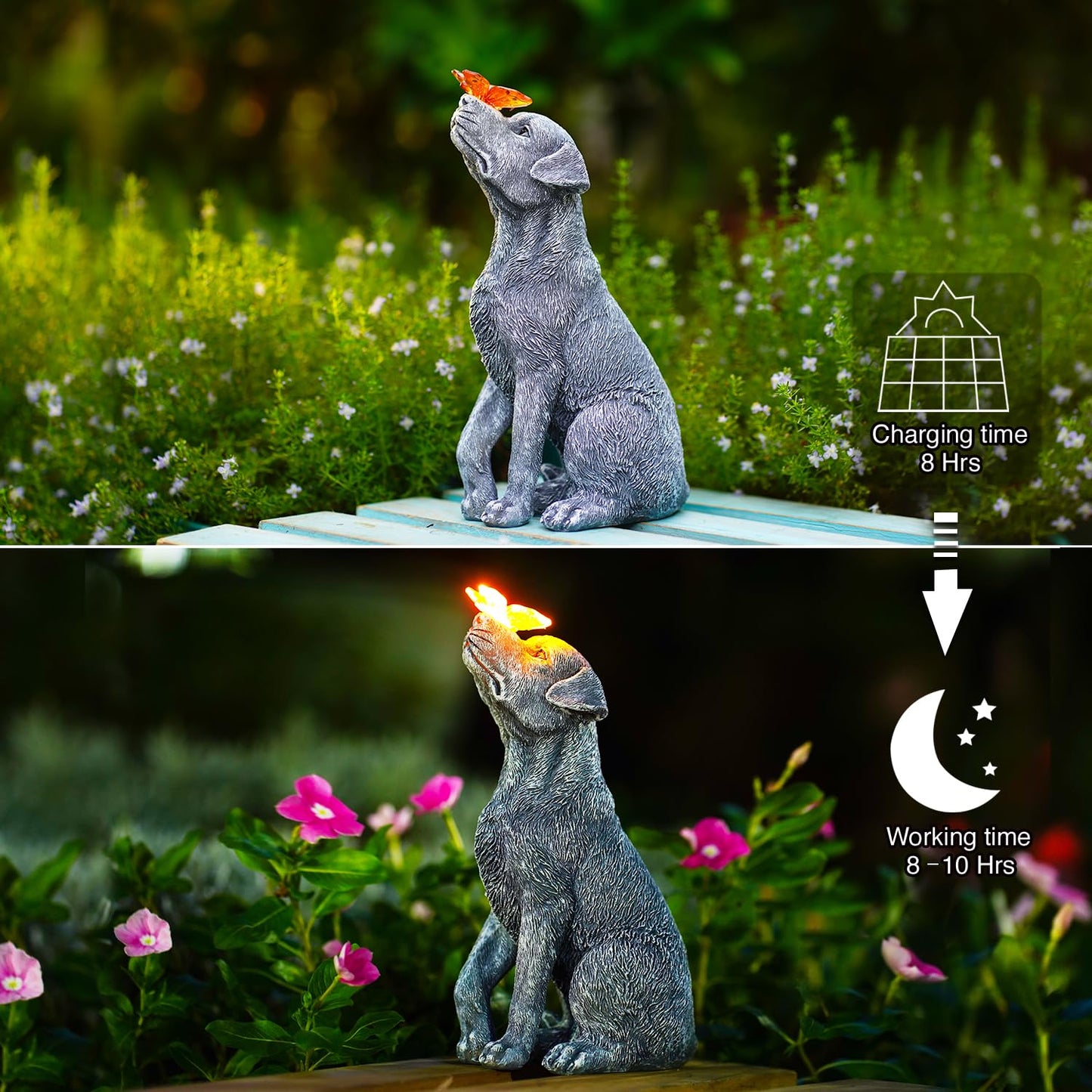 Dog Garden Ornaments With Solar Butterfly - Unique Gifts for Women Mum Men - Outdoor Puppy Decor for Patio Yard Lawn Balcony Resin Waterproof Sculpture