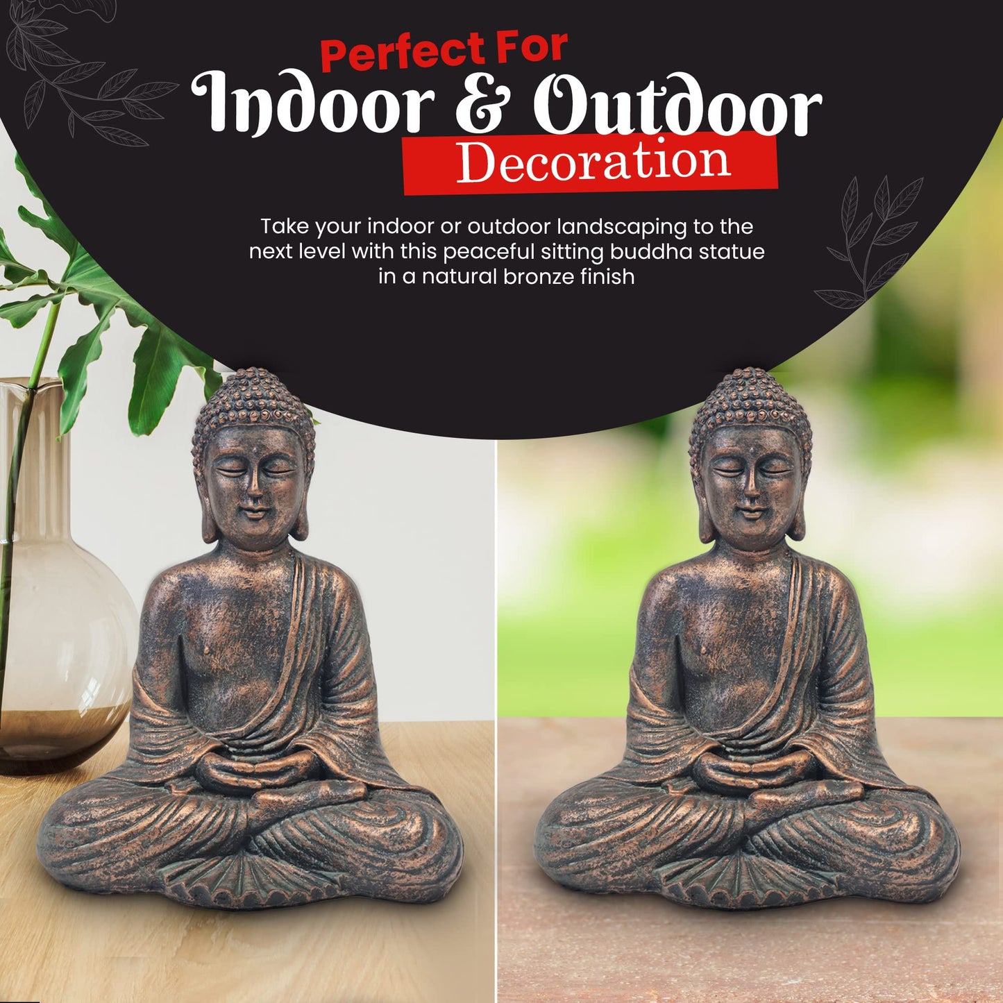 Sitting Buddha Garden Ornament Outdoor Statue Indoor Home Decor Bronzed Effect Figurine Table top Thai Meditating Décor Zen Weather Resistant 25cm Tall