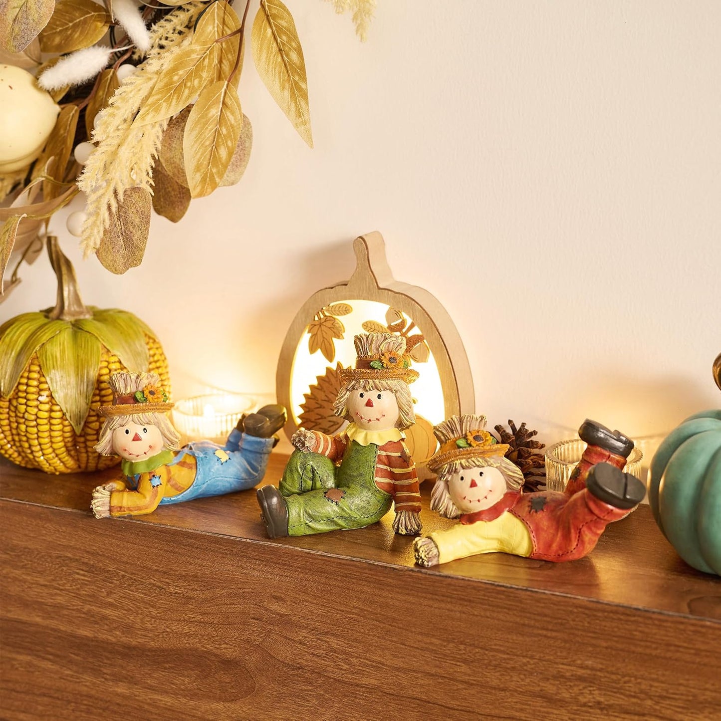 Valery Madelyn Autumn Decorations, Lovely Set of 3 Scarecrows Ornaments with Waterproof Resin Autumn Home Decor, Scarecrows Gifts for Women, Fall Decorations for Living Room, Bedroom, Garden 7.2CM