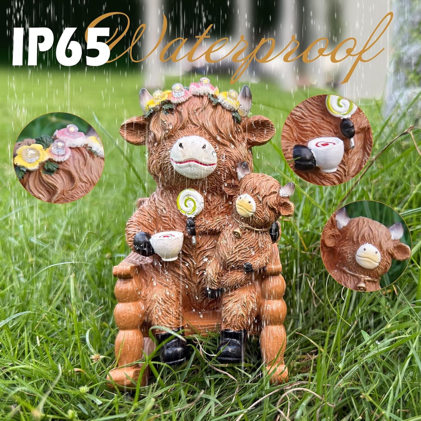 Highland Cow Garden Ornaments Outdoor- Solar Highland Cow Ornaments Statues Mother and Child on Rocking Chair, Garden Decor with Luminous Flowers for Yard, Lawn, Patio, Home, Birthday Gifts for Women