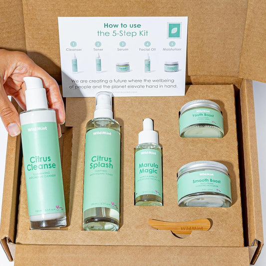 WildMint 5-Step Clear Skin Kit | Antioxidant Cleanser, Toner, Serum, Face Oil & Moisturiser | Natural Skincare for Menopause, Hormonal Acne, Dark Spots, Dryness & Mature Skin | UK Vegan & Cruelty-Free