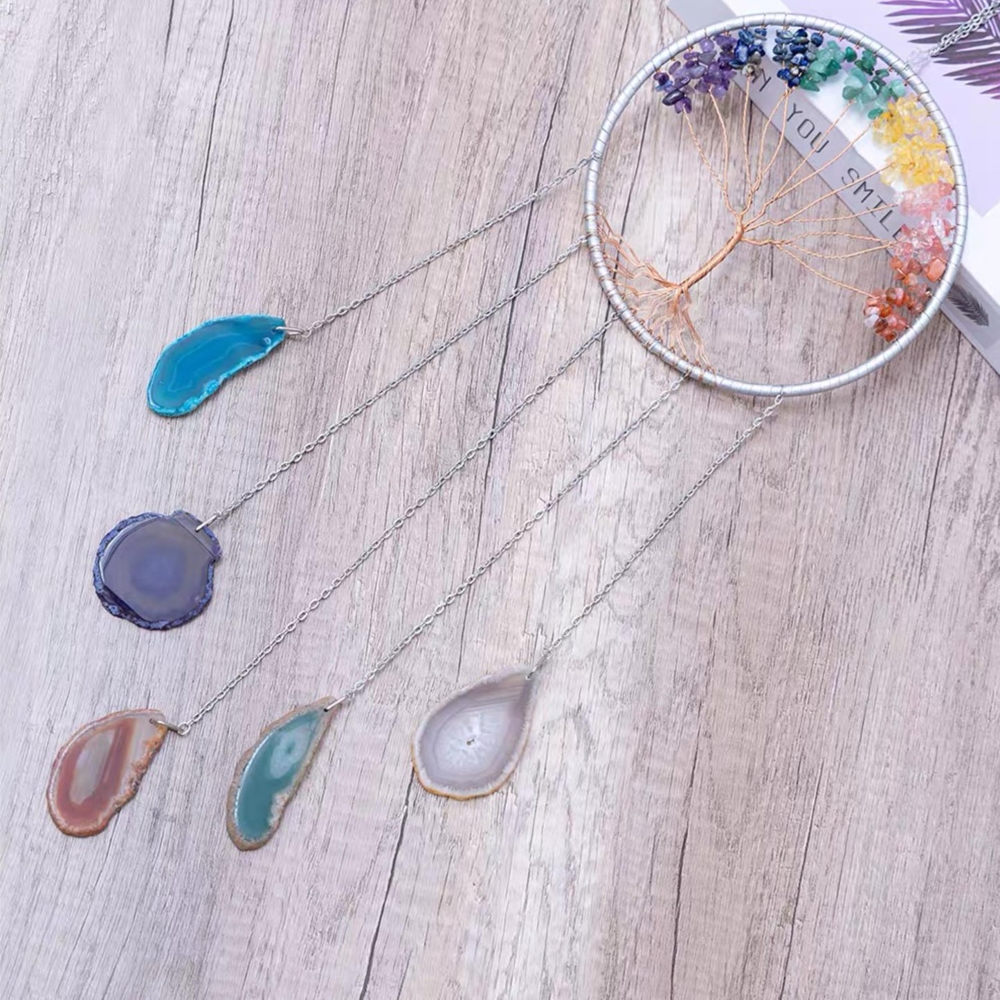 Moon Crystals Tree of Life Dream Catchers,Natural Gem Agate Wall Hangings for Windows Garden Home Décor (New moon shape)