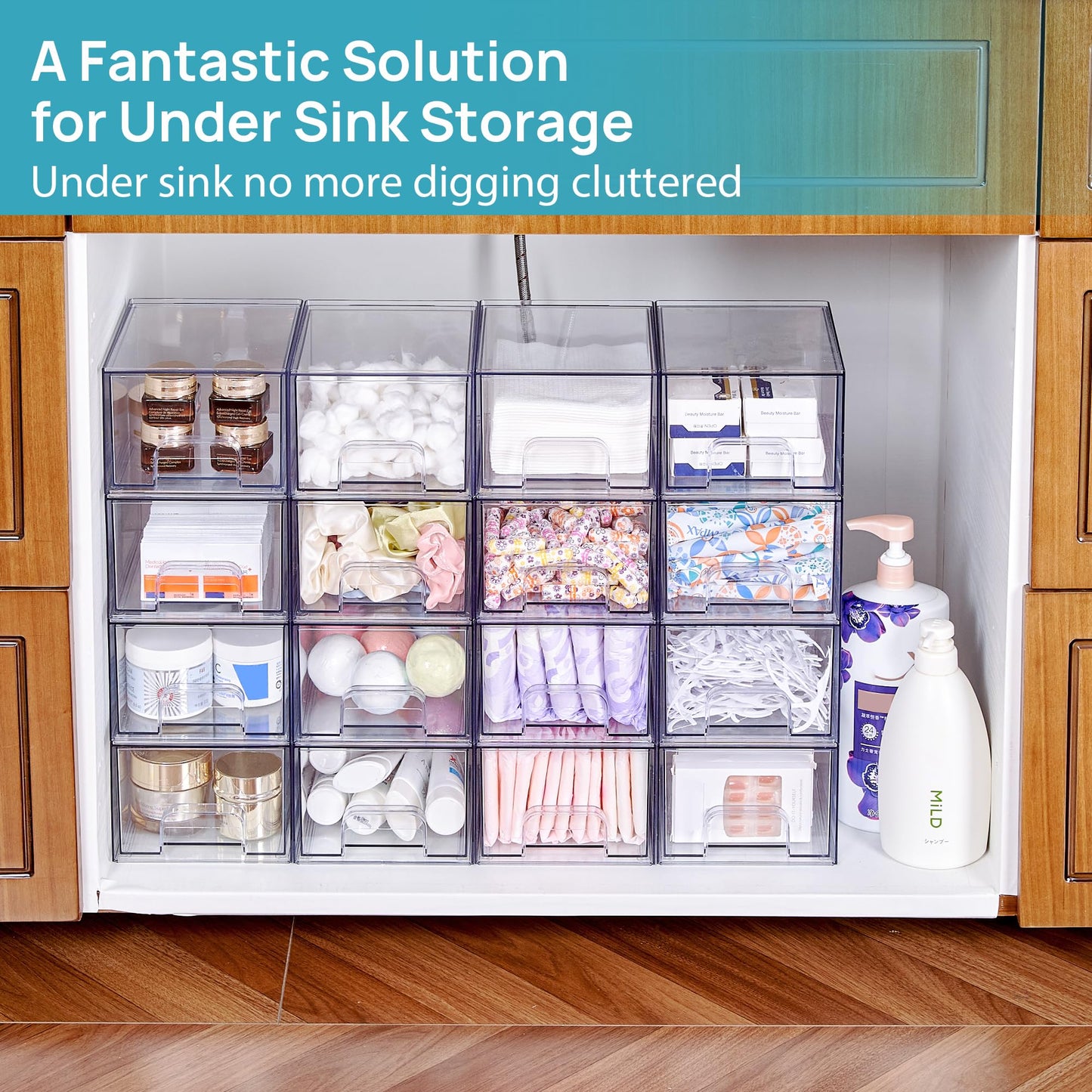 Vtopmart 3 Pack Clear Small Stackable Storage Drawers, Acrylic Bathroom Makeup Organiser, Plastic Storage Box For Vanity, Under Sink, Kitchen Cupboard, Pantry, Home Organization