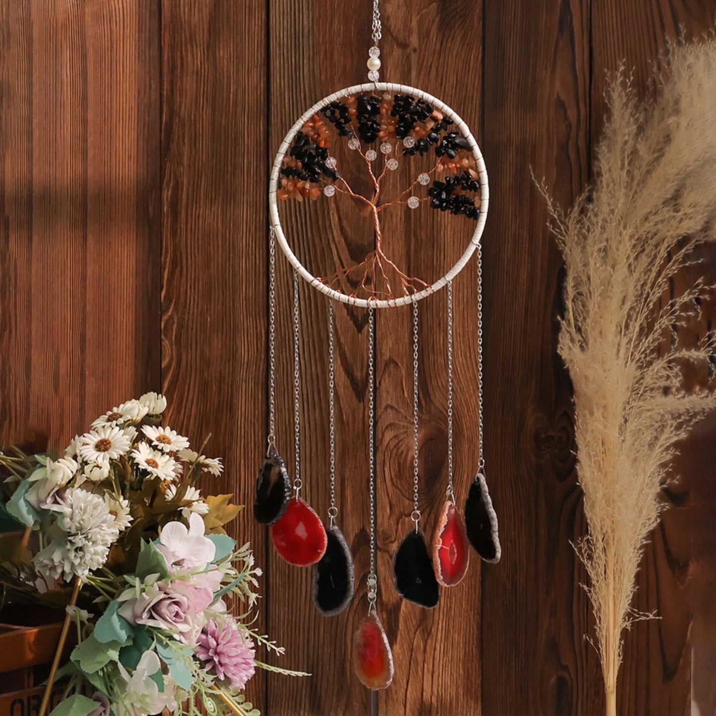 Moon Crystals Tree of Life Dream Catchers,Natural Gem Agate Wall Hangings for Windows Garden Home Décor (New moon shape)