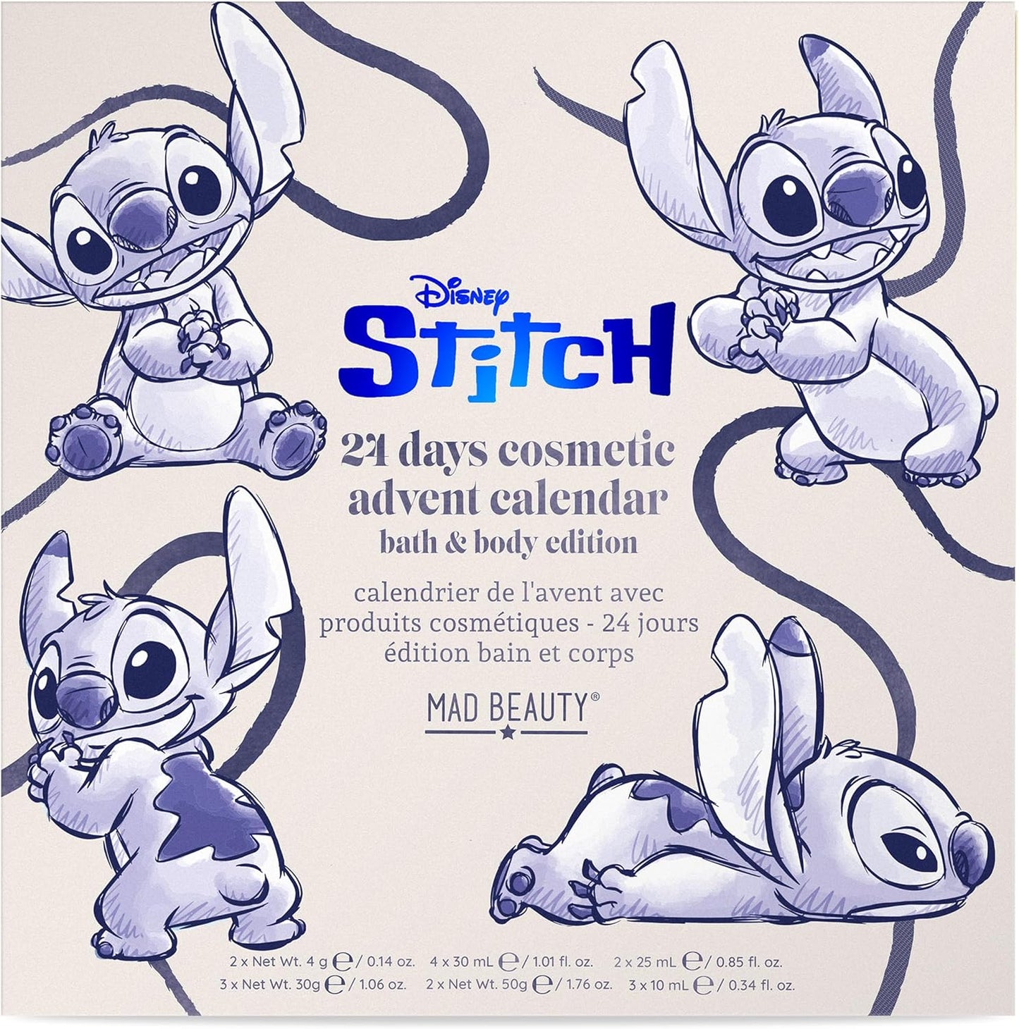 MAD Beauty Disney Stitch Advent Calendar with 24 Make-Up & Cosmetic Products, Wellness Advent Calendar for Women with Face Mask, Body Lotion, Hair Scrunchie, Christmas Calendar Beauty