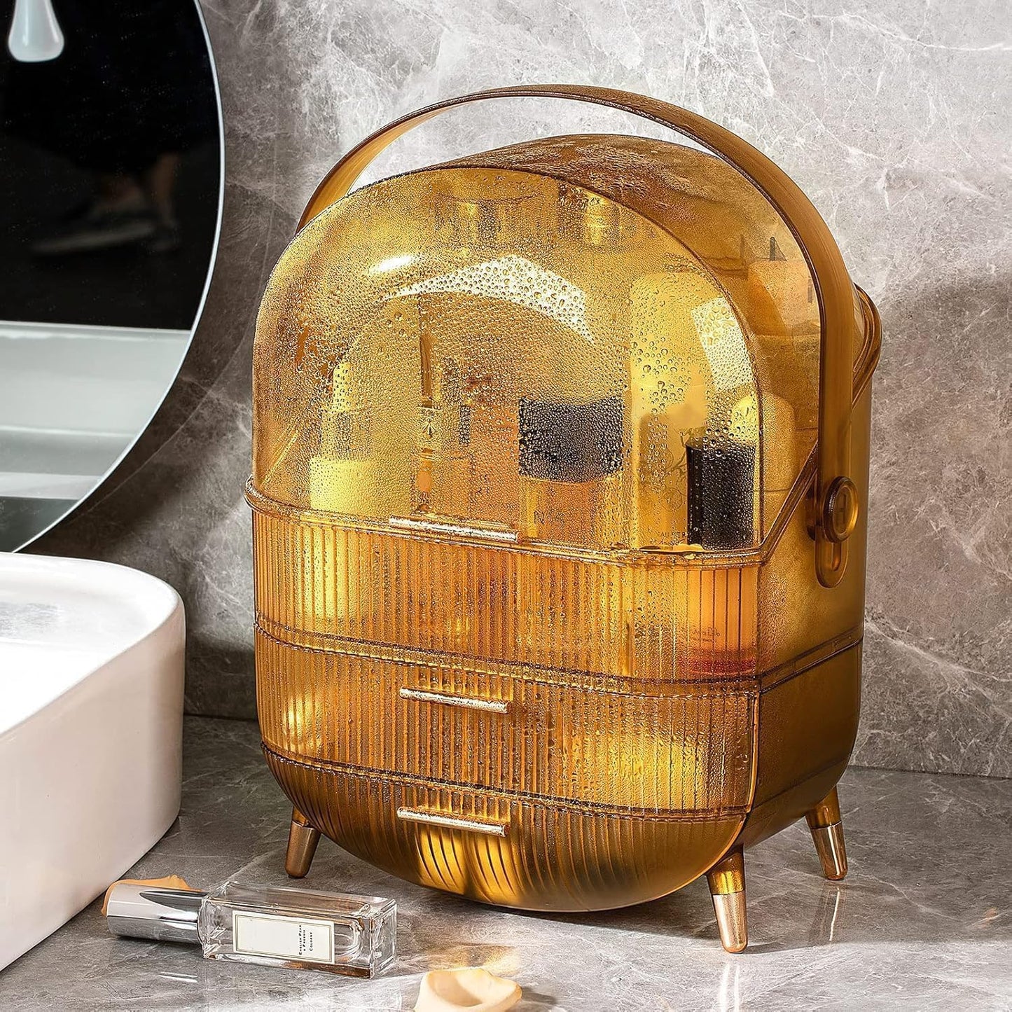 Makeup Organizer Box, Clear Cover Cosmetic Display Case with Two Tier Storage Box and Brush Storage Box, Skincare Organizers for Bathroom Countertop, Bedroom Vanity Desk and Travel (White)