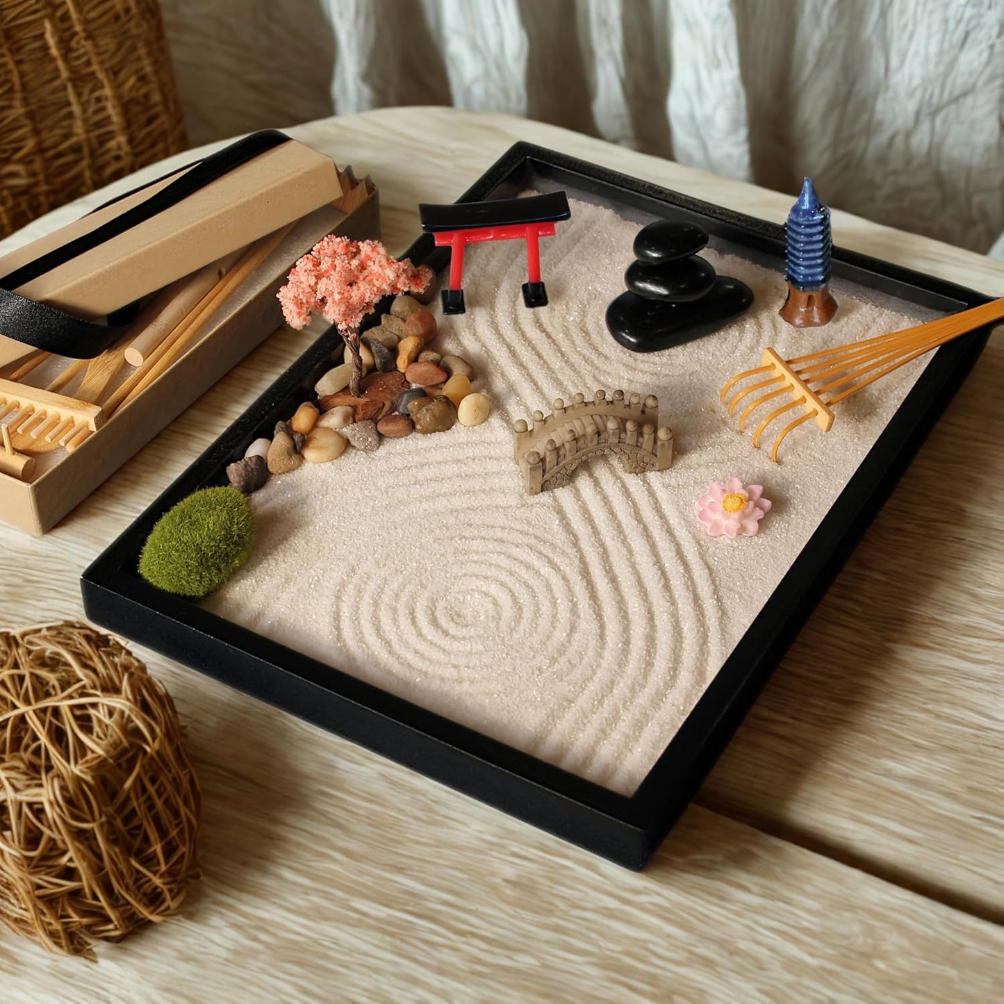 Zen Garden Kit 11x8 Beautiful Premium Japanese Mini Sand Garden Meditation Gift Set for Home & Office Desk Accessories. Zen Sand, 6 Tools, 15 Features. Mindfulness Gifts Decor Women