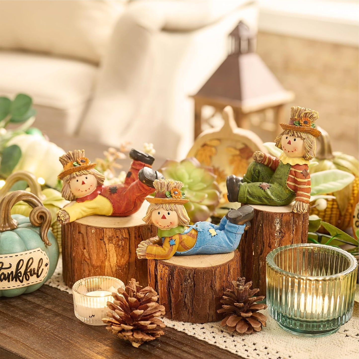 Valery Madelyn Autumn Decorations, Lovely Set of 3 Scarecrows Ornaments with Waterproof Resin Autumn Home Decor, Scarecrows Gifts for Women, Fall Decorations for Living Room, Bedroom, Garden 7.2CM