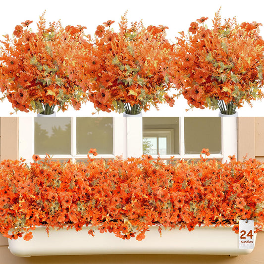 SHareconn 24 Bundles Autumn Artificial Flowers, Lavender & Violet, UV Resistant Fake Flowers for Fall Decor Indoor/Outdoor, Realistic Faux Flowers for Home/Garden/Wedding, Sunset Red Orange