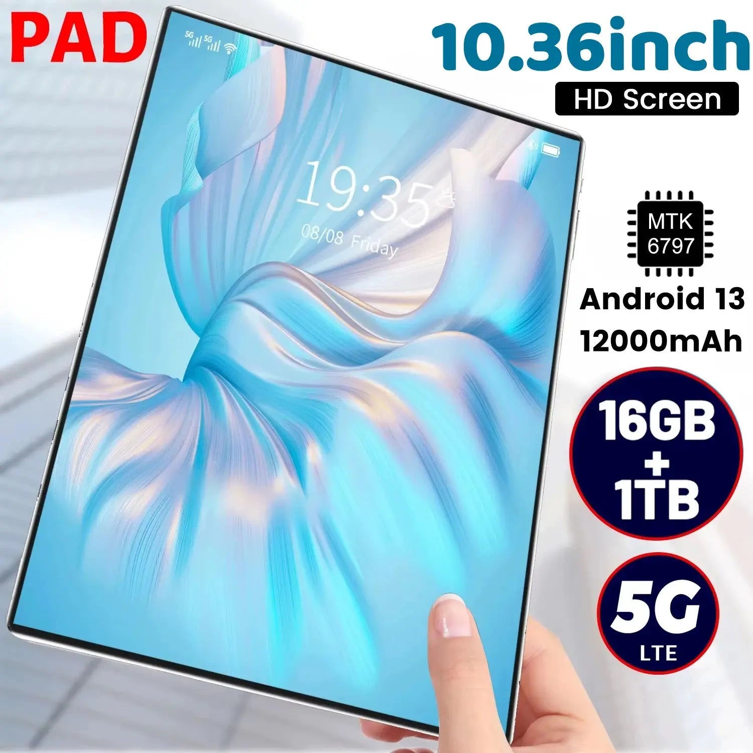 2025 new high-definition full screen 10.36-inch 5G tablet with Android 13, MTK6797 CPU, 16GB RAM, 1TB storage, dual cameras, 12000mAh battery, and full touchscreen display