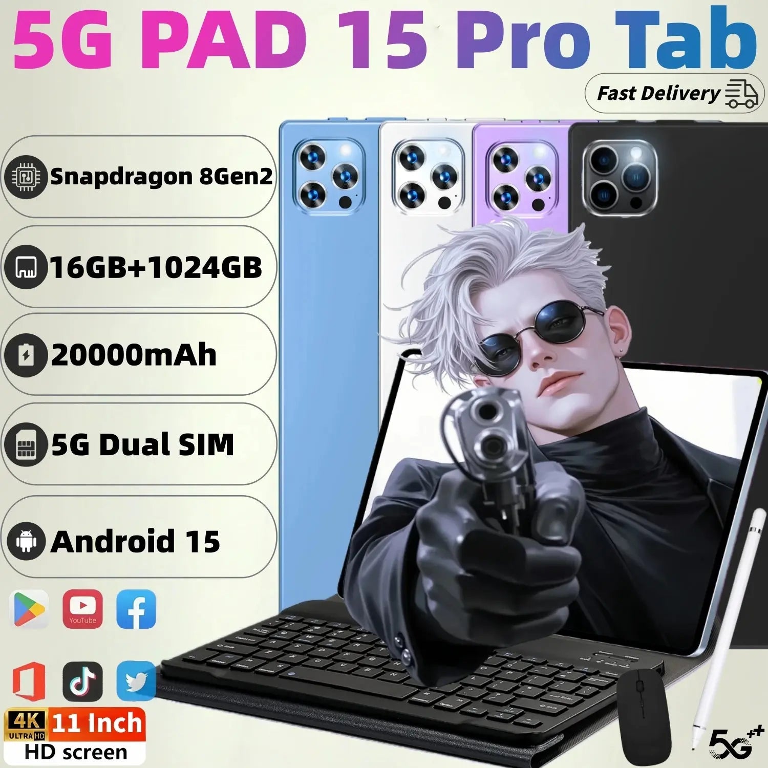 2025 PAD 15 Pro Tablet with Snapdragon 8Gen2, 11 inch 4K HD screen, 16GB RAM, 1TB storage, 20000mAh battery, 5G Dual SIM, Android 15, keyboard and mouse included