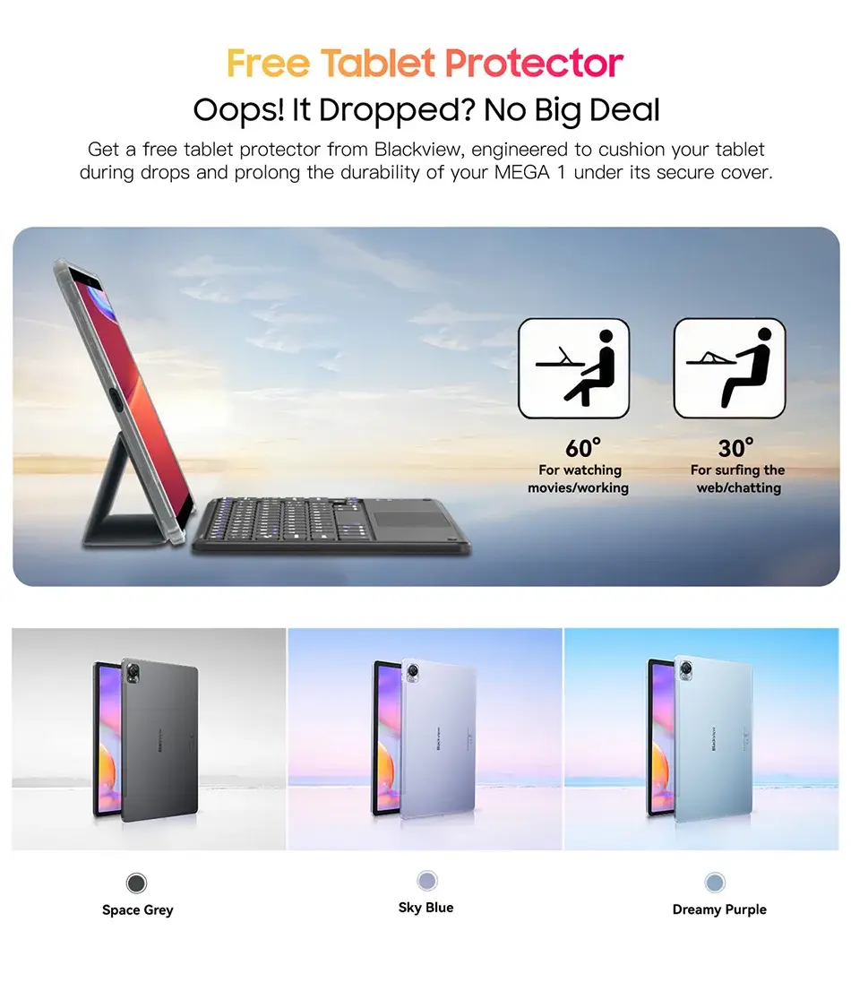 Blackview MEGA 1 Tablet with 11.5-inch 2.4K 120Hz display, 12GB RAM, 256GB storage, 8800mAh battery, dual cameras, and free protector in three colors