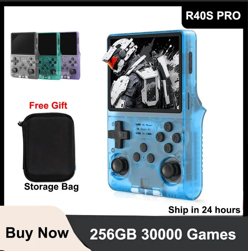 Mini Retro Portable handheld video game console R40S PRO with 3.5-inch IPS screen, 256GB storage, and 30000+ classic games in blue transparent design.