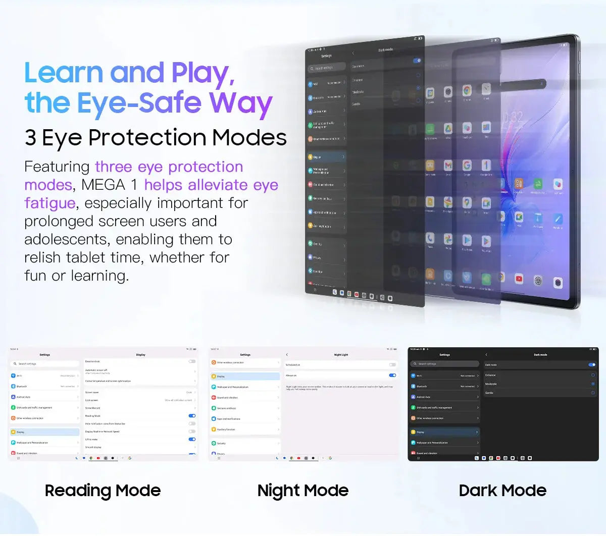 Blackview MEGA 1 Tablet with 11.5-inch 2.4K display featuring three eye protection modes for reduced eye strain