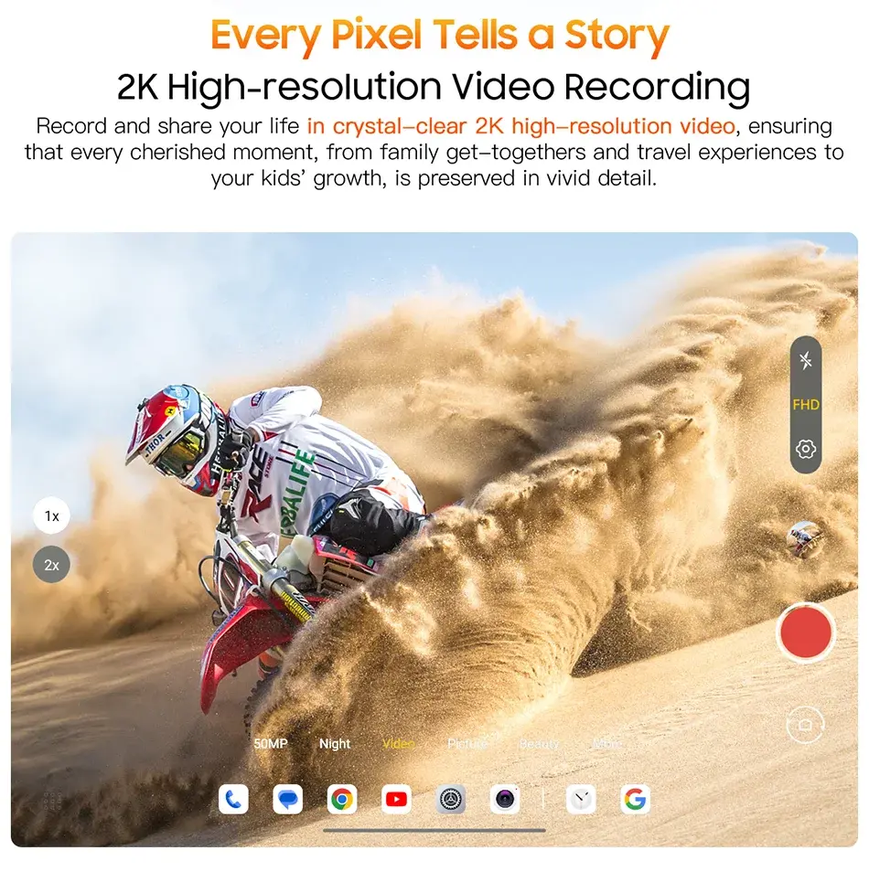 Blackview MEGA 1 Tablet showing 2K high-resolution video recording of a motocross rider kicking up sand dust