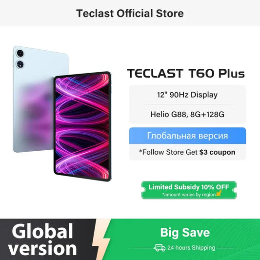 Teclast T60 Plus 12-inch tablet with 90Hz 2K display, MTK Helio G88, 6GB RAM, 128GB storage, 8000mAh battery, 4G LTE global version