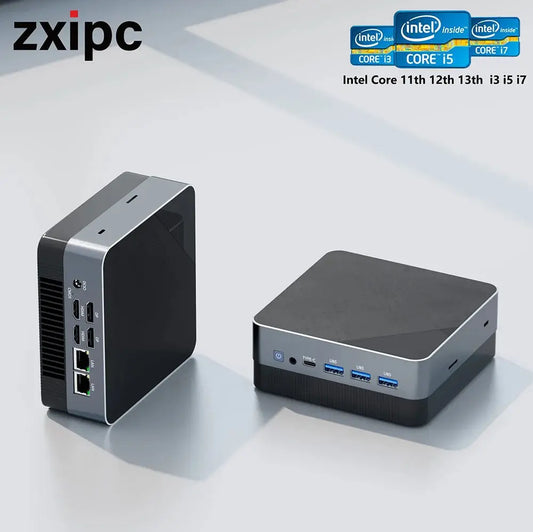 Compact ZXIPC Mini PC computer with Intel Core i3, i5, i7 options, multiple display ports, DDR4/DDR5 RAM support, NVMe SSD, HDMI and VGA ports for gaming and office use.