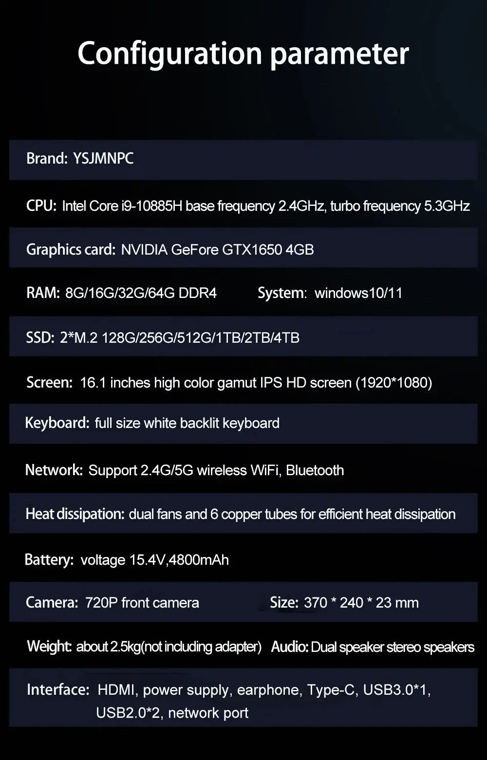 YSJMNPC Gaming Laptop Computer Intel Core i7-8750H GTX1650 16 Inch IPS Screen 144Hz Refresh Rate RGB Keyboard WiFi Mega Store 4