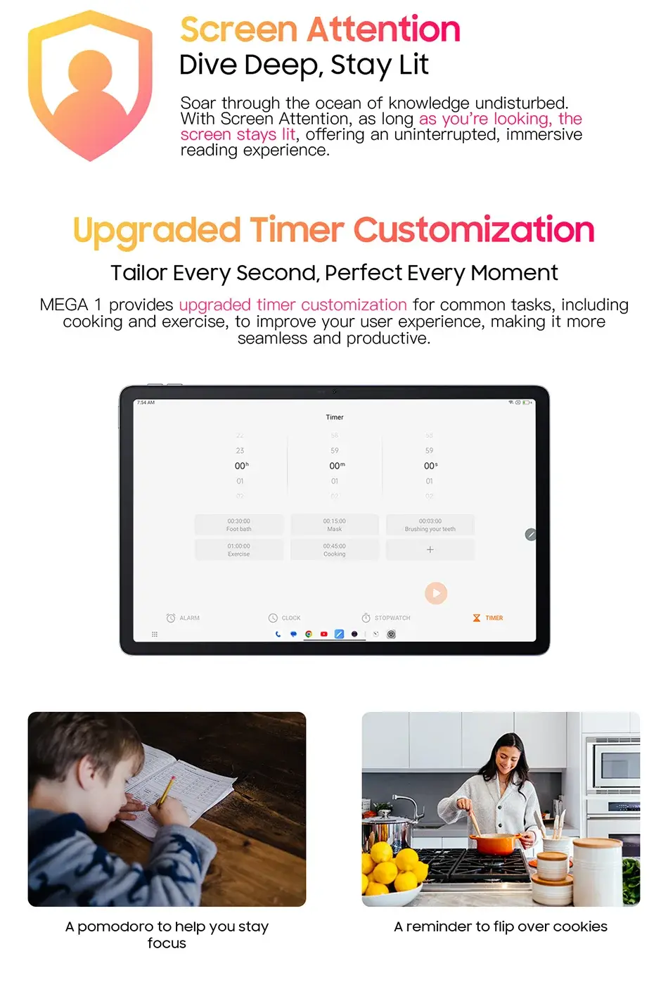 Blackview MEGA 1 Tablet with 11.5-inch 2.4K 120Hz display showing timer customization for study and cooking tasks.