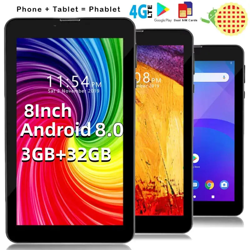 8 inch Android 8.0 tablet with 3GB RAM, 32GB storage, 1920x1200 pixels display, 10-core MTK6797 processor, 4G phone call dual SIM, WiFi, GPS, Bluetooth