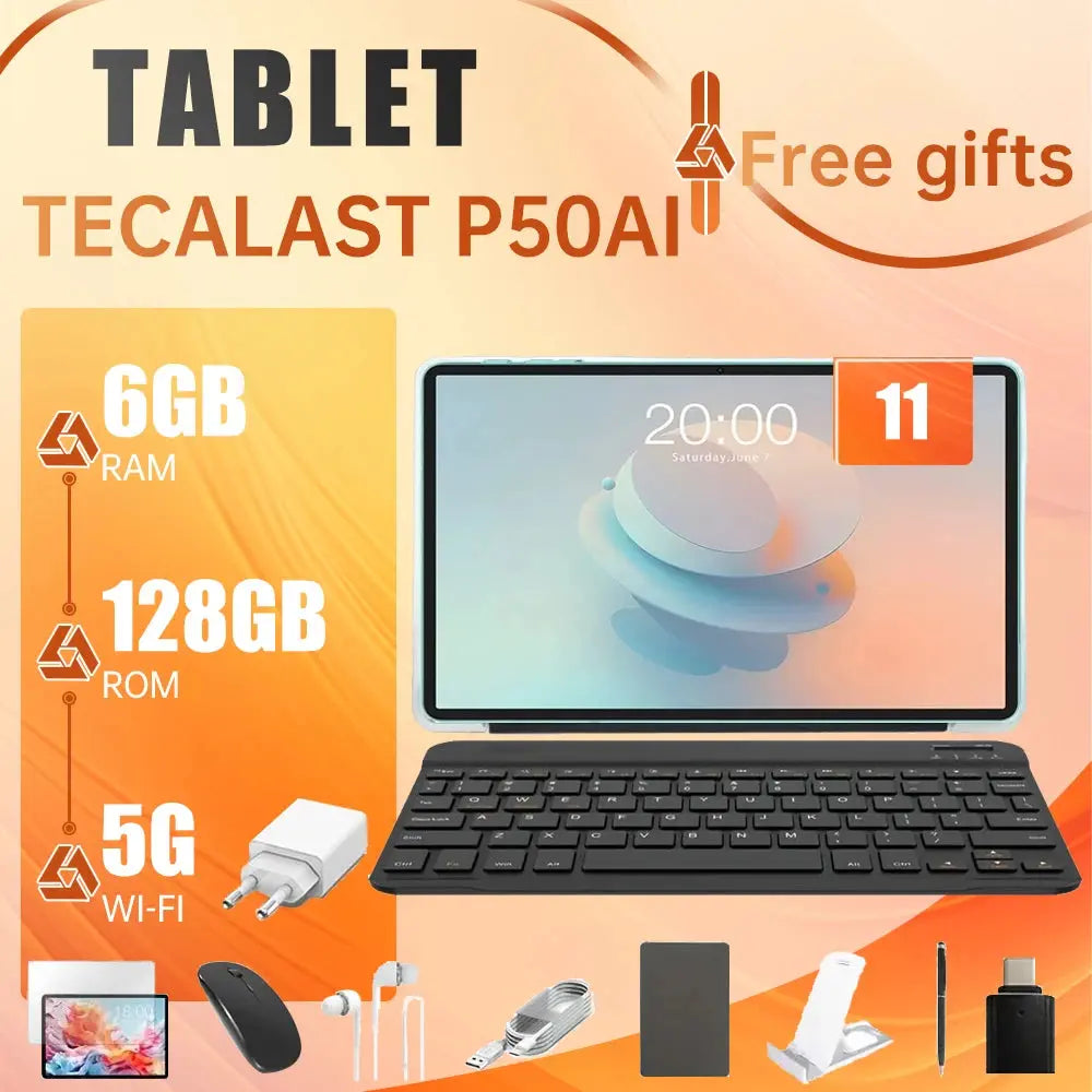 Teclast P50 AI 11-inch Android tablet with 6GB RAM, 128GB storage, 5G Wi-Fi, and keyboard accessory