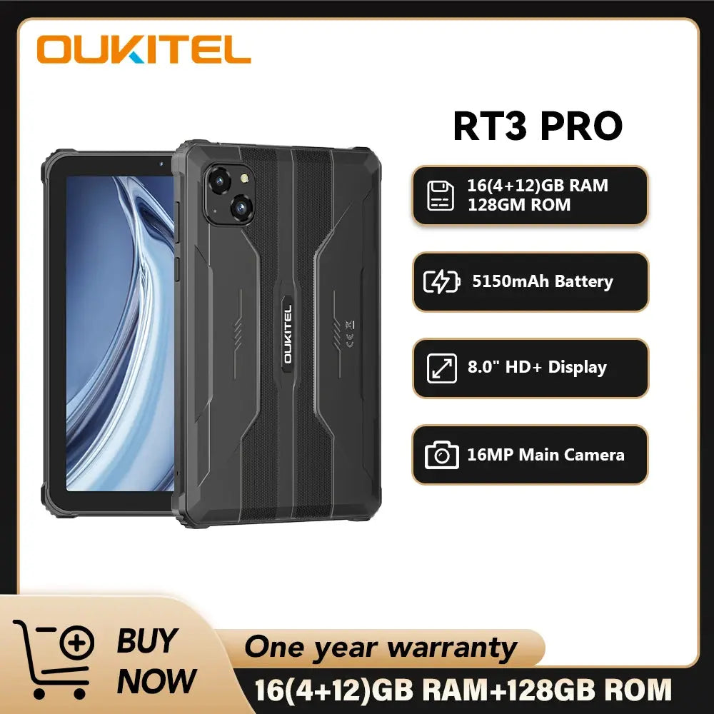 Oukitel RT3 PRO tablet with 8-inch HD+ display, 5150mAh battery, 16MP camera, and 16GB RAM plus 128GB storage.