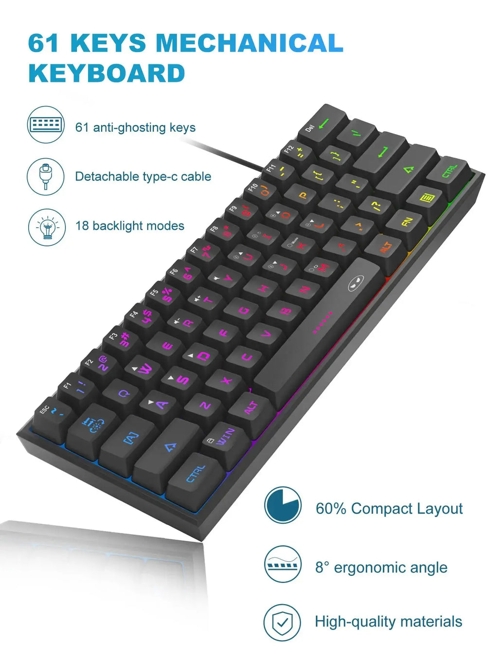 MageGee Mini 60% Gaming Keyboard, RGB Backlit 61 Key Ultra-Compact Keyboard, TS91 Ergonomic Waterproof Mechanical Feeling Office - Mega Store