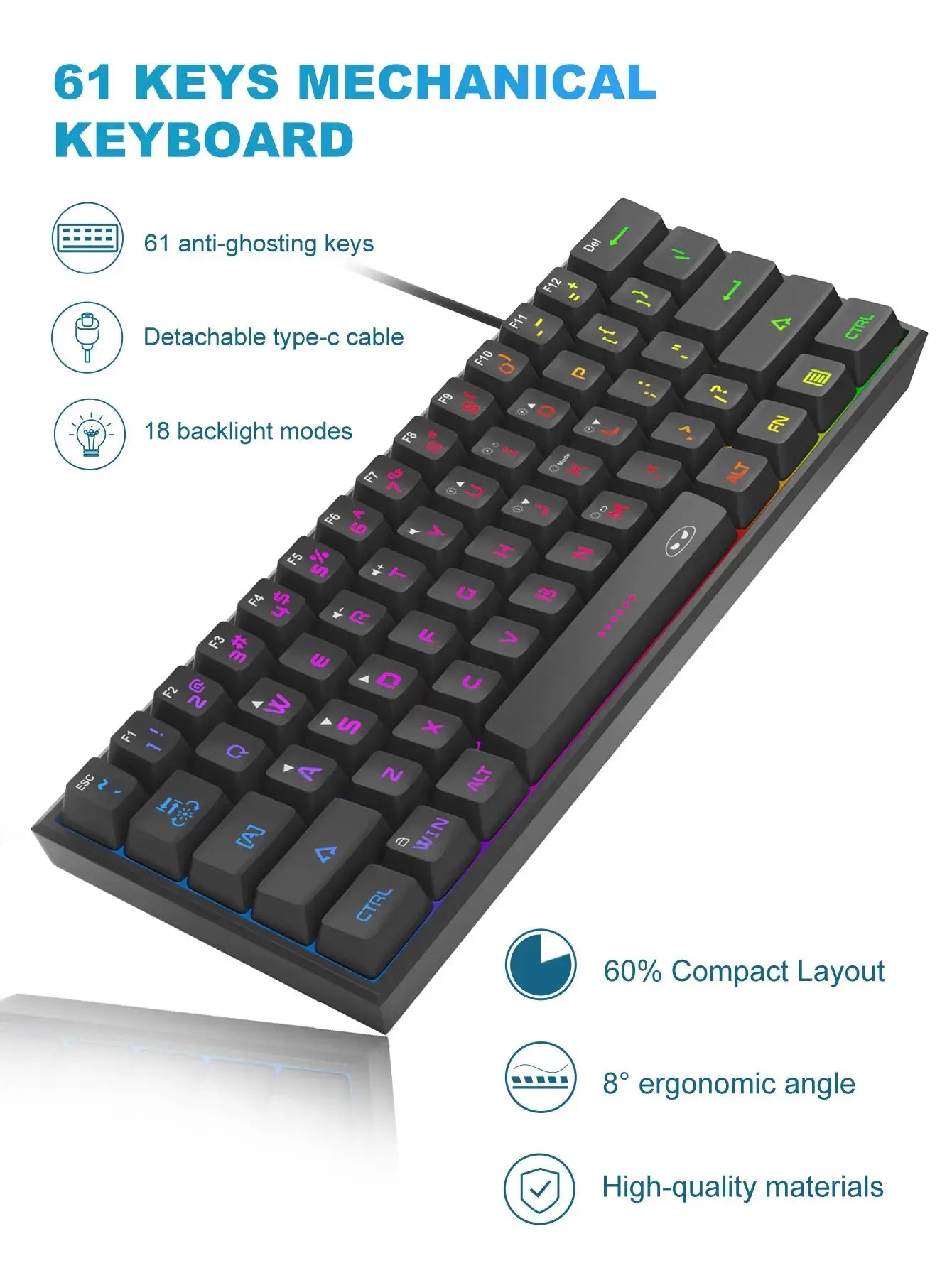 MageGee Mini 60% Gaming Keyboard, RGB Backlit 61 Key Ultra-Compact Keyboard, TS91 Ergonomic Waterproof Mechanical Feeling Office - Mega Store
