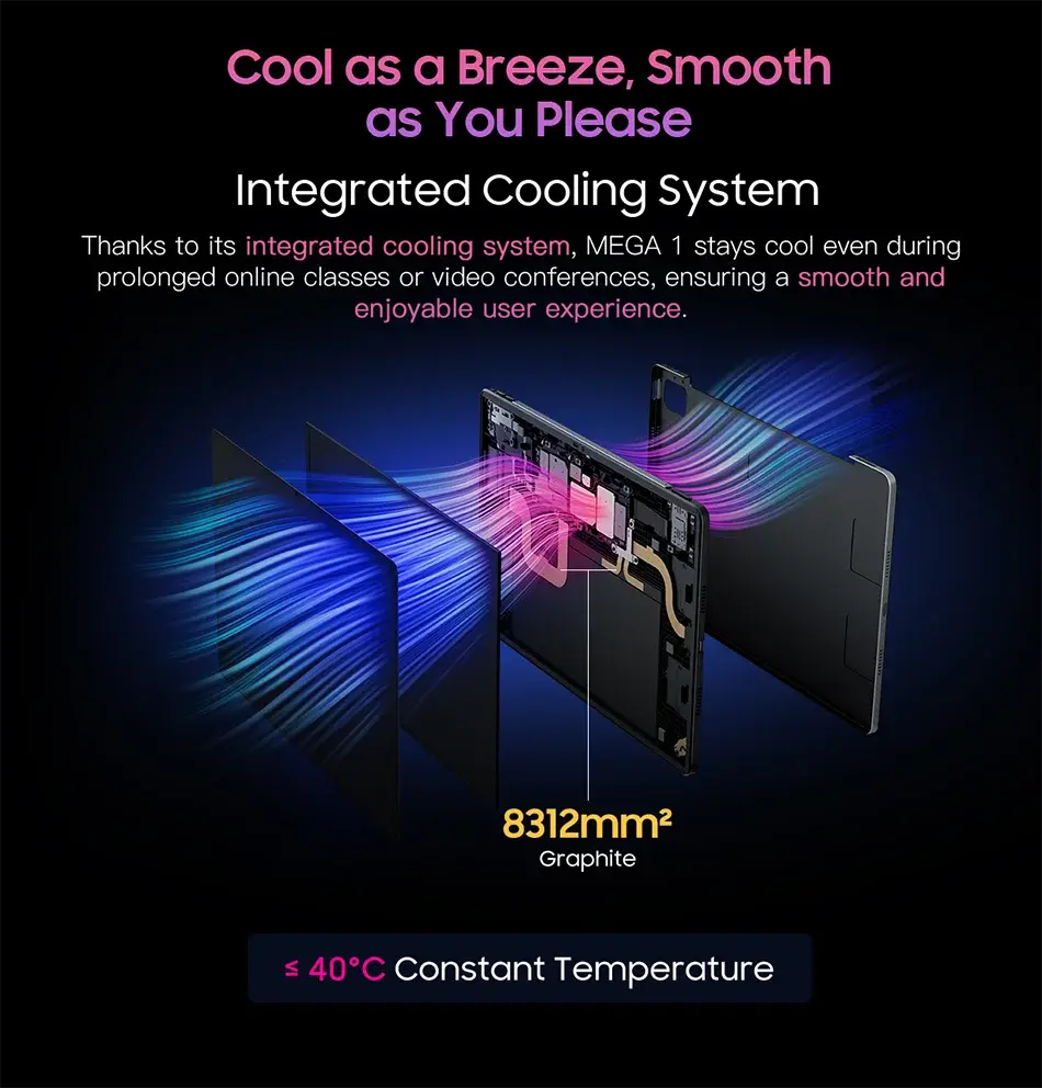 Blackview MEGA 1 tablet with integrated cooling system maintaining under 40°C temperature