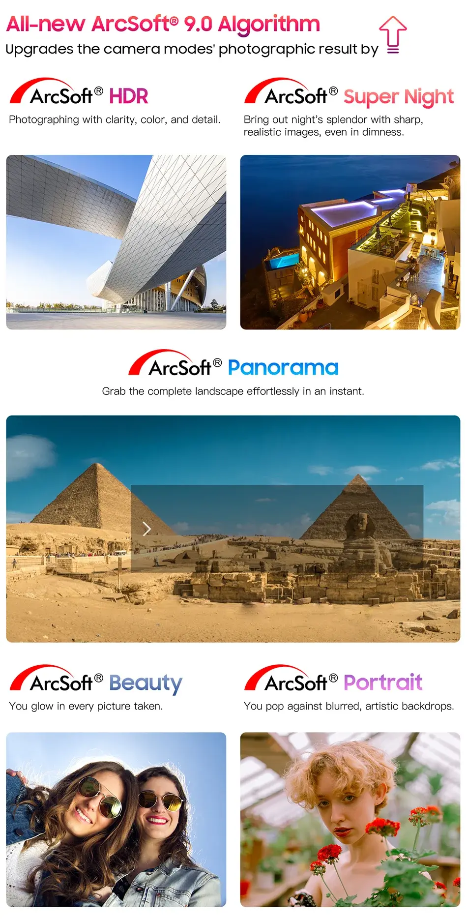 Blackview MEGA 1 Tablet with 11.5-inch 2.4K 120Hz display and advanced ArcSoft 9.0 camera modes including HDR, Super Night, Panorama, Beauty, and Portrait features