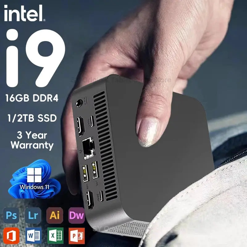 Mini PC Windows 11 Pro with Intel Core i9, 16GB RAM, 1/2TB SSD, WiFi 6, BT5.2, compact portable design for gaming and office use