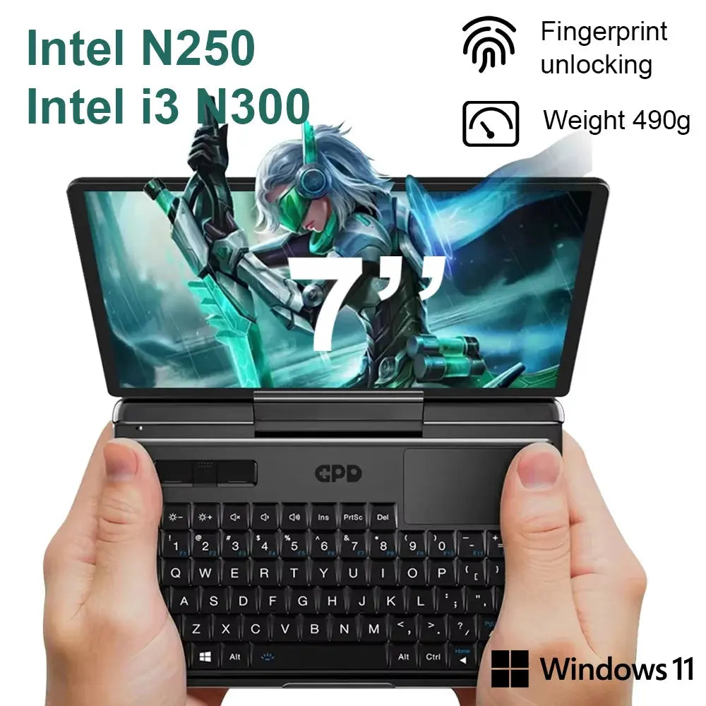GPD Micro PC 2 compact 7-inch Windows 11 laptop with Intel N250 processor, fingerprint unlock, 16GB RAM, 512GB SSD, and 490g lightweight design.