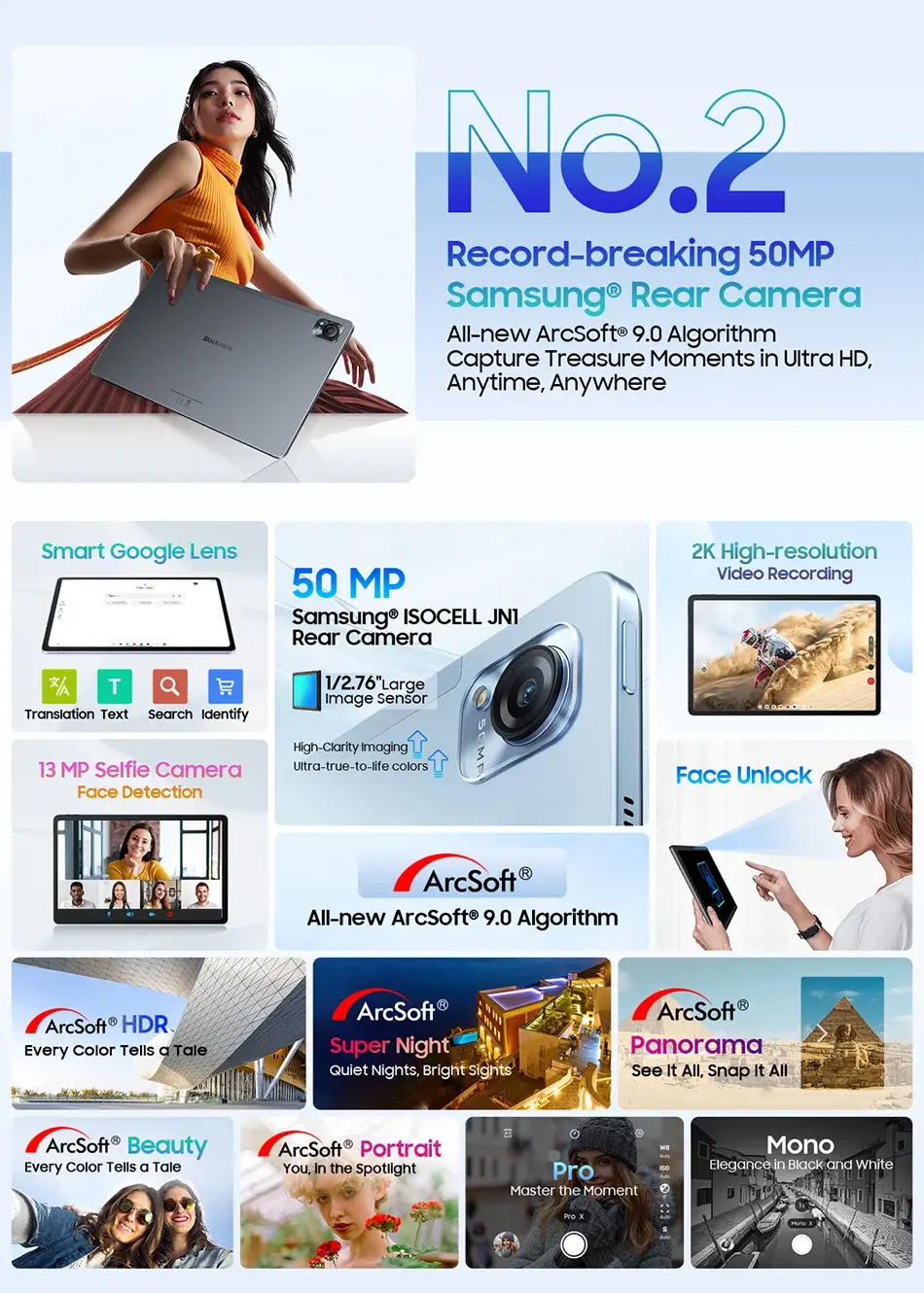 Blackview MEGA 1 Tablet with 11.5-inch 2.4K 120Hz display, 50MP Samsung rear camera, 13MP selfie camera, MediaTek Helio G99, 12GB RAM, 256GB storage, 8800mAh battery, and face unlock.