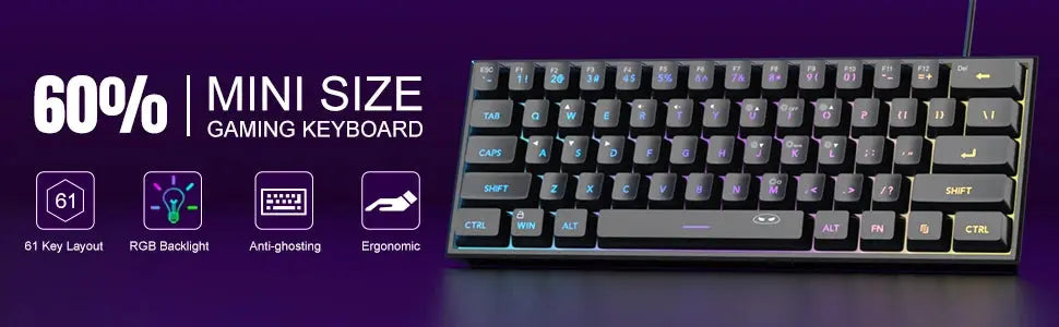 MageGee Mini 60% Gaming Keyboard, RGB Backlit 61 Key Ultra-Compact Keyboard, TS91 Ergonomic Waterproof Mechanical Feeling Office - Mega Store