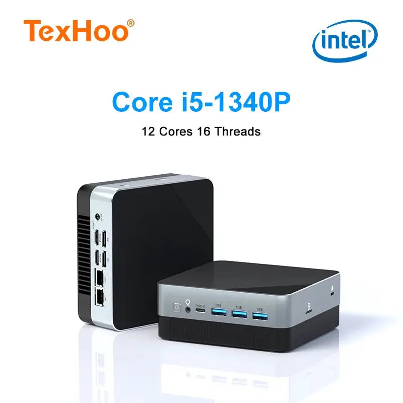 TexHoo 13th Gen Pocket Mini PC with Intel Core i5-1340P, 12 cores, 16 threads, 32GB RAM, 512GB NVME SSD, WiFi6, dual LAN, compact portable gaming computer