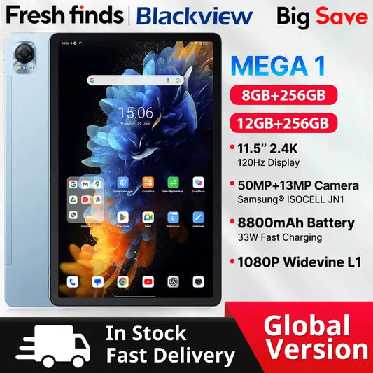 Blackview MEGA 1 Tablet 11.5 inch 2.4K 120Hz display with 12GB RAM, 256GB storage, 50MP+13MP cameras, 8800mAh battery, 33W fast charging, global version.
