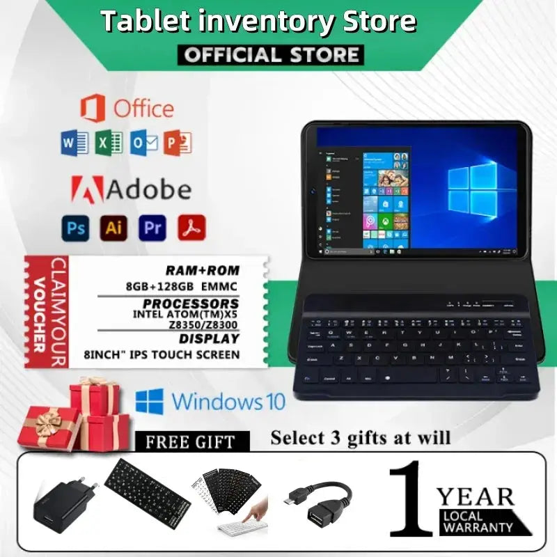 8 inch AR3 Windows 10 tablet PC with Intel Z8350 CPU, 8GB RAM, 128GB ROM, 1280x800 IPS touchscreen, and keyboard case