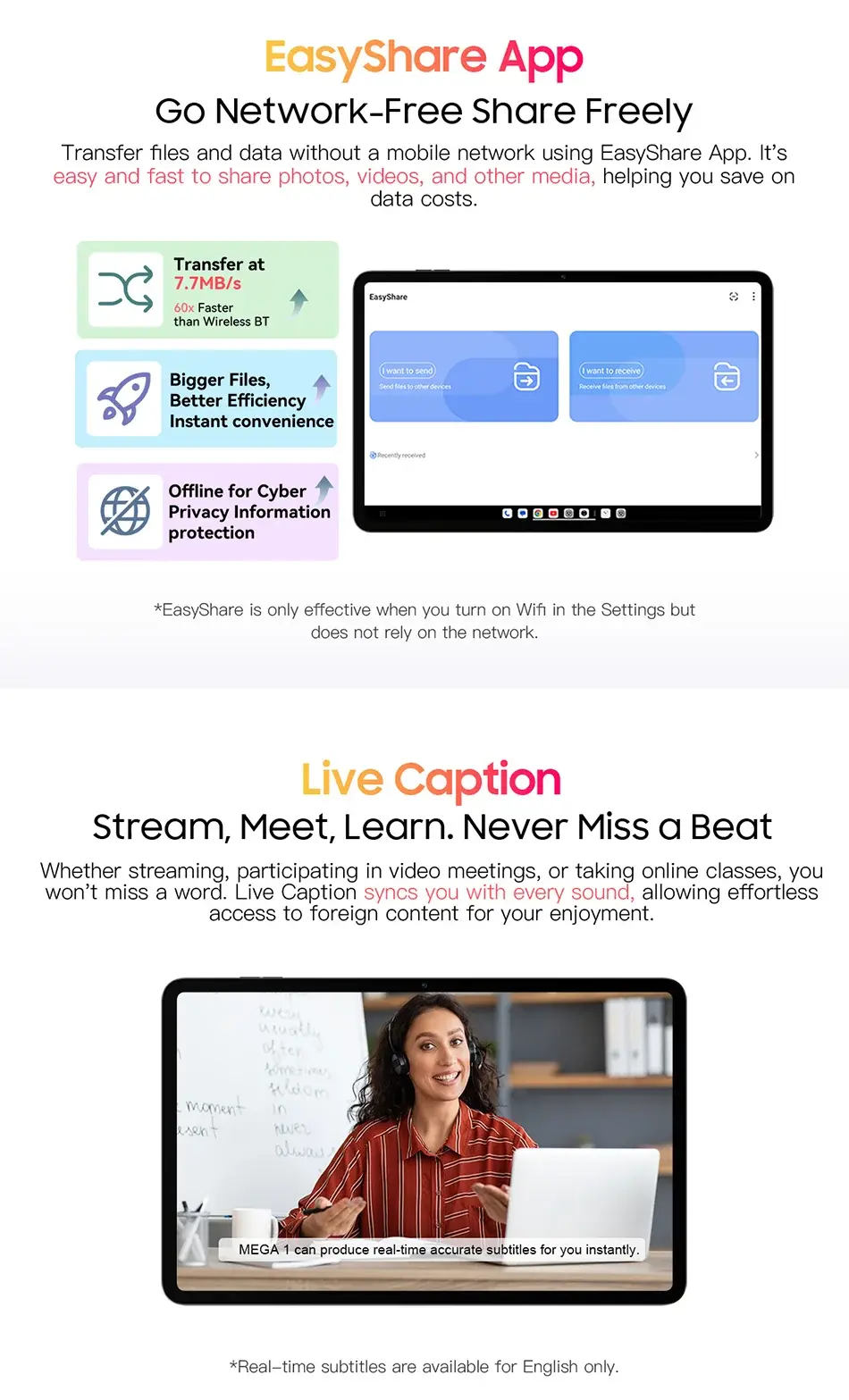 Blackview MEGA 1 Tablet 11.5 inch 2.4K 120Hz display with 12GB RAM, 256GB storage, 8800mAh battery, 50MP+13MP cameras, EasyShare app and live caption features.