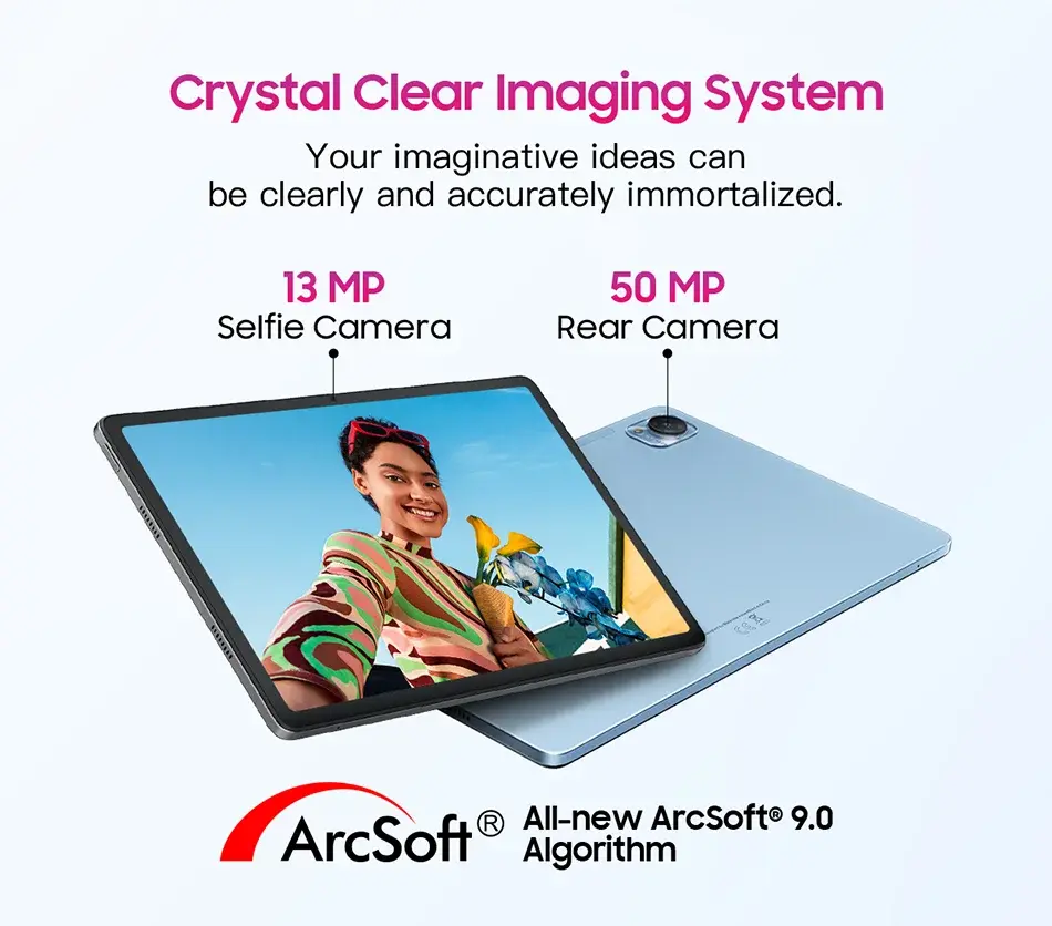 Blackview MEGA 1 Tablet with 11.5 inch 2.4K 120Hz display, 50MP rear and 13MP front cameras, blue body.